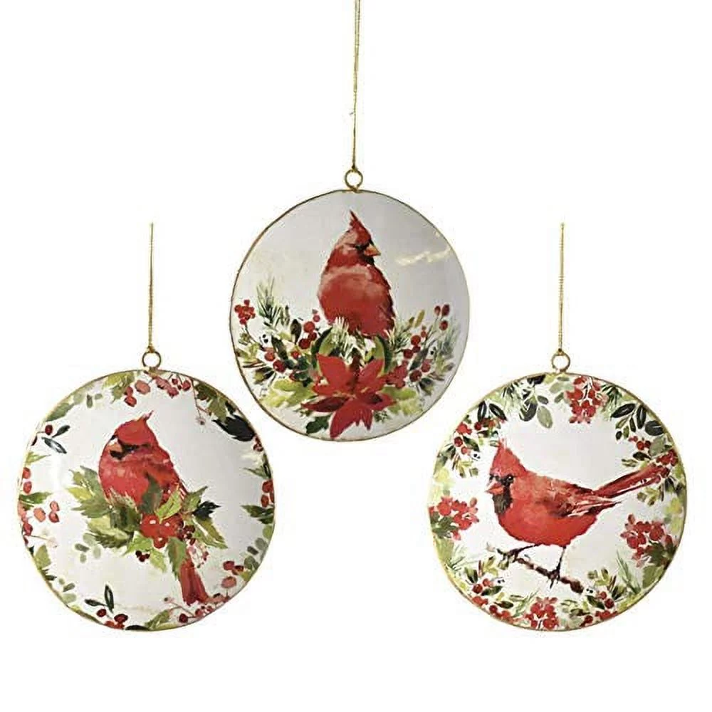 Ganz MX179919 Botanical Cardinal Disk Ornaments Set of 3, 5.5 Inches Height, Multicolor