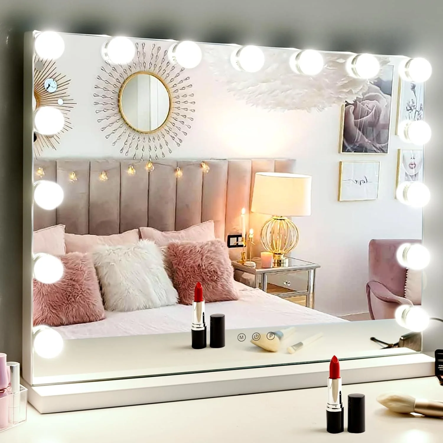 Hollywood Vanity Mirror with Dimmable 15LED Bulbs Lights 3 Lighting Modes 2in1 Large Lighted Makeup Mirror for Desk and Wall with Plug-in and USB Charger Port