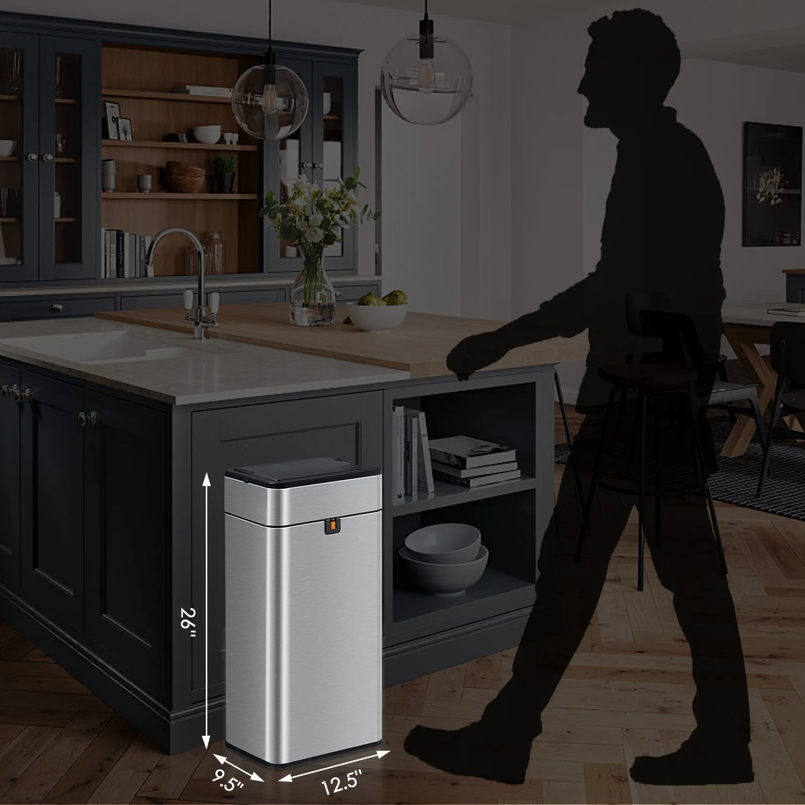 Kitchen Trash Can - ELPHECO - 40 Liter / 10.6 Gallon Automatic Trash Can with Butterfly Lid, Brushed Stainless Steel Finish, Motion Sensor Garbage Can for Kitchen, Office, Living Room, Outside, 6 AAA