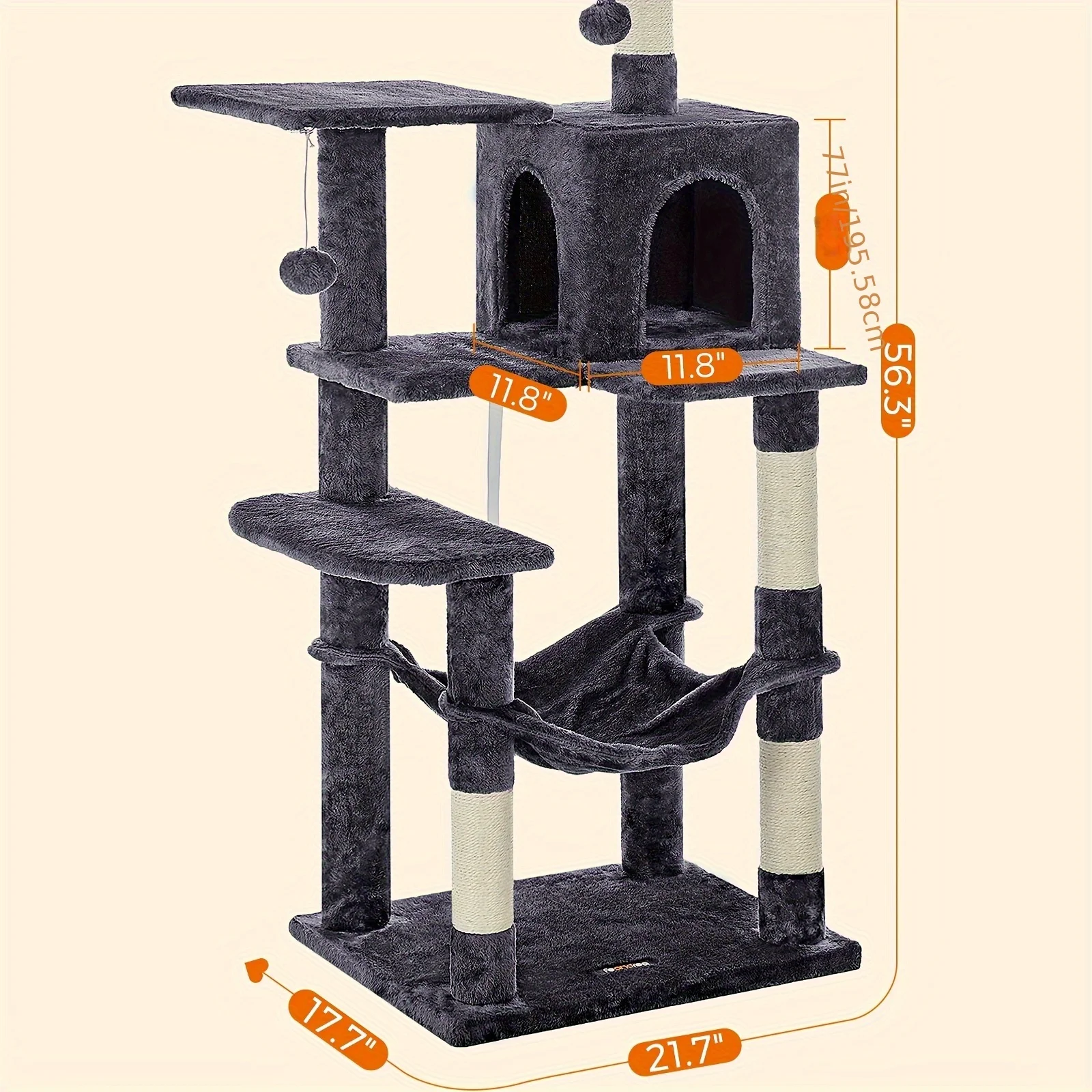 Feandrea Cat Tree, 56.3-Inch Cat Tower for Indoor Cats, Multi-Level Cat Condo with 4 Scratching Posts, 2 Perches, Hammock, Cave, Smoky Gray UPCT161G01