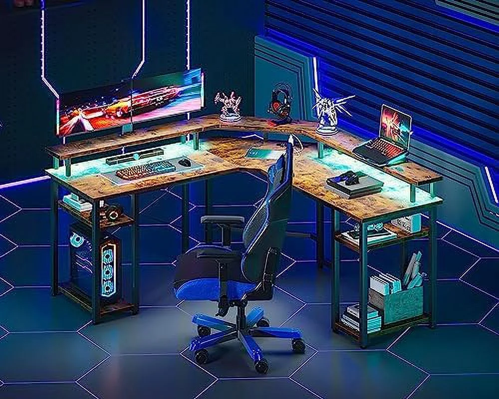HBLUKDL L Shaped Gaming Desk with LED Lights & Power Outlets  Reversible 56" Computer Desk with Full Monitor Stand &  Shelves  Ergonomic Home Office Corner Desk  Black Carbon