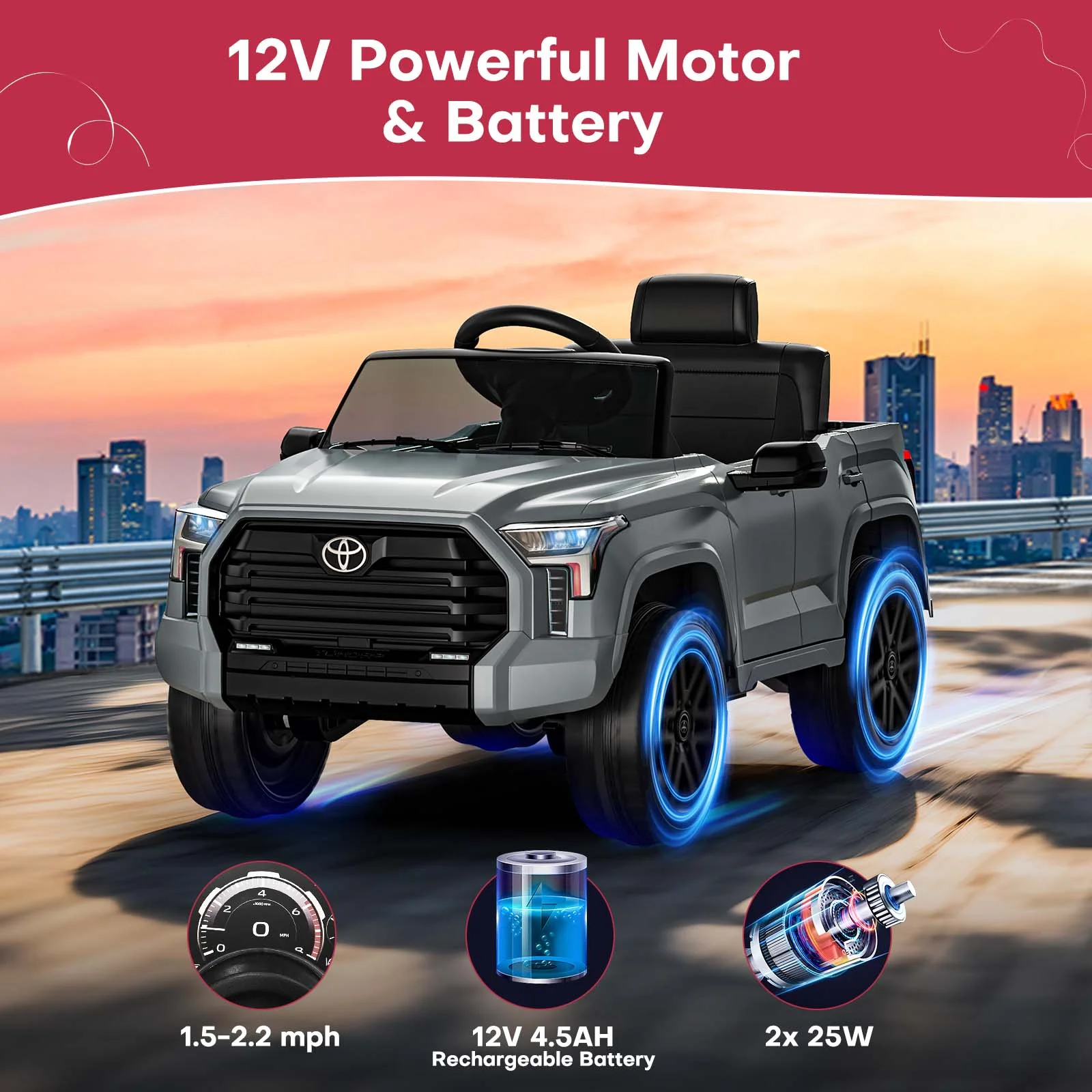 Teoayeah 12 V Kids Ride on Car w/Parent Remote Control, 12V4.5Ah Battery Powered Electric Car Ride on Toys, Kids Electric Vehicles with Wireless Music, Storage Space, Licensed TOYOTA Gray