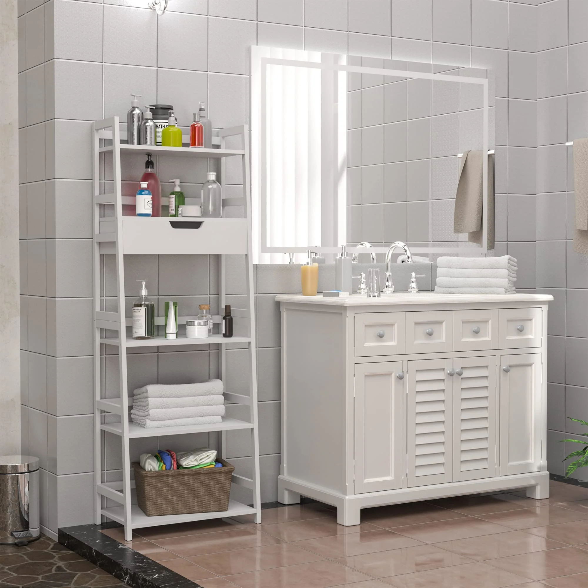 BZH 5 Tier Bamboo Tall Bookcase, Storage Book Shelves，Upgraded Bookshelf with Drawers Modern Open Ladder Shelf White