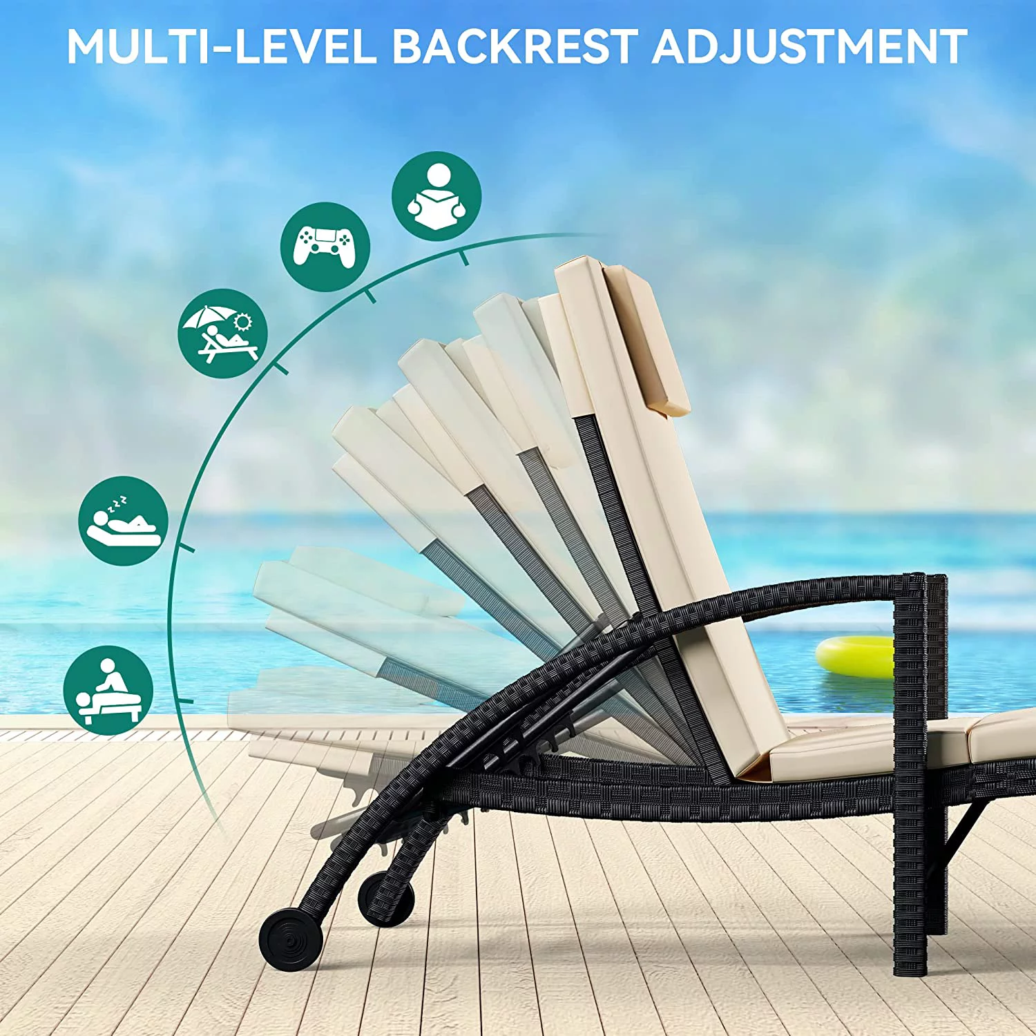 Dextrus Outdoor Chaise Lounge Chairs, PE Rattan Wicker Patio Pool Loungers with Adjustable Backrest, Arm, Cushion, Pillow and Wheels for Poolside Backyard Porch Garden Beach (1, Black)