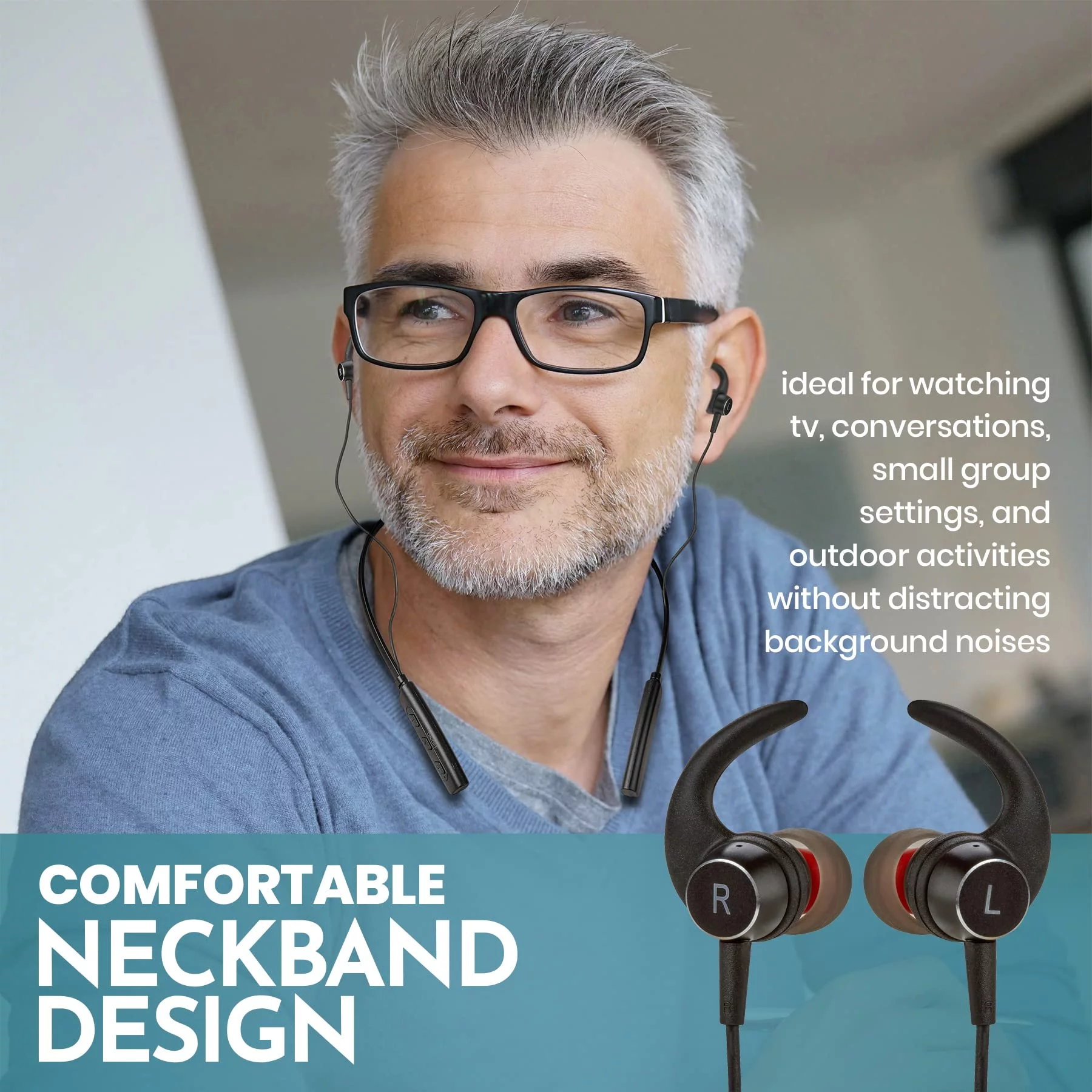 Rechargeable Hearing Amplifier - Wireless Hands-Free Neckband, Black by MEDca