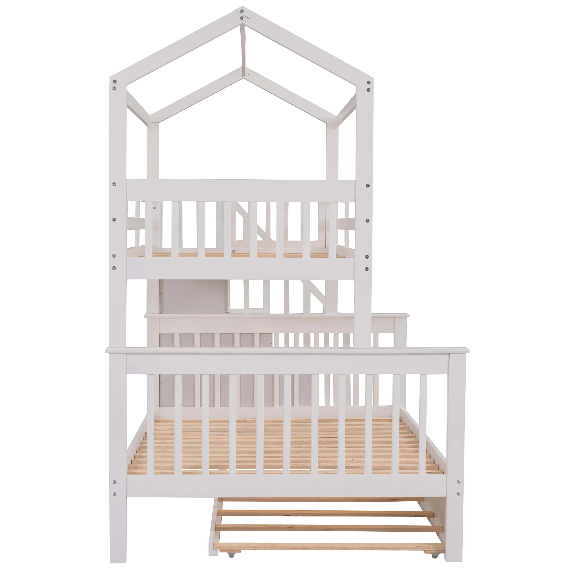 EUROCO Twin over Full House Bunk Bed with Trundle and Staircase, White