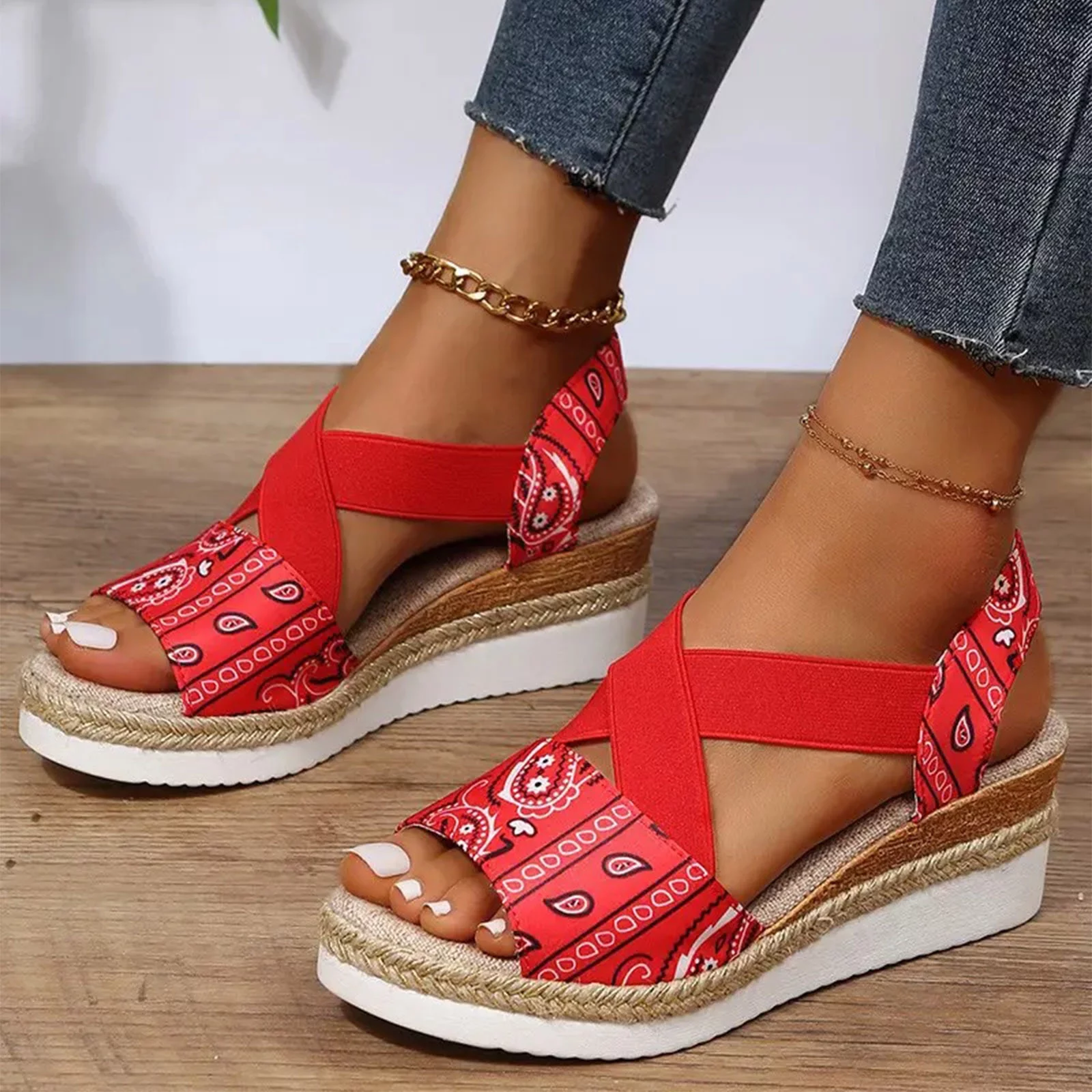 LoyisViDion Women’S Sandals Clearance Women'S Sandals Printed Beach Slippers Summer Wedge Platform Arch Support Orthopedic Shoes Rollback Red 9.5