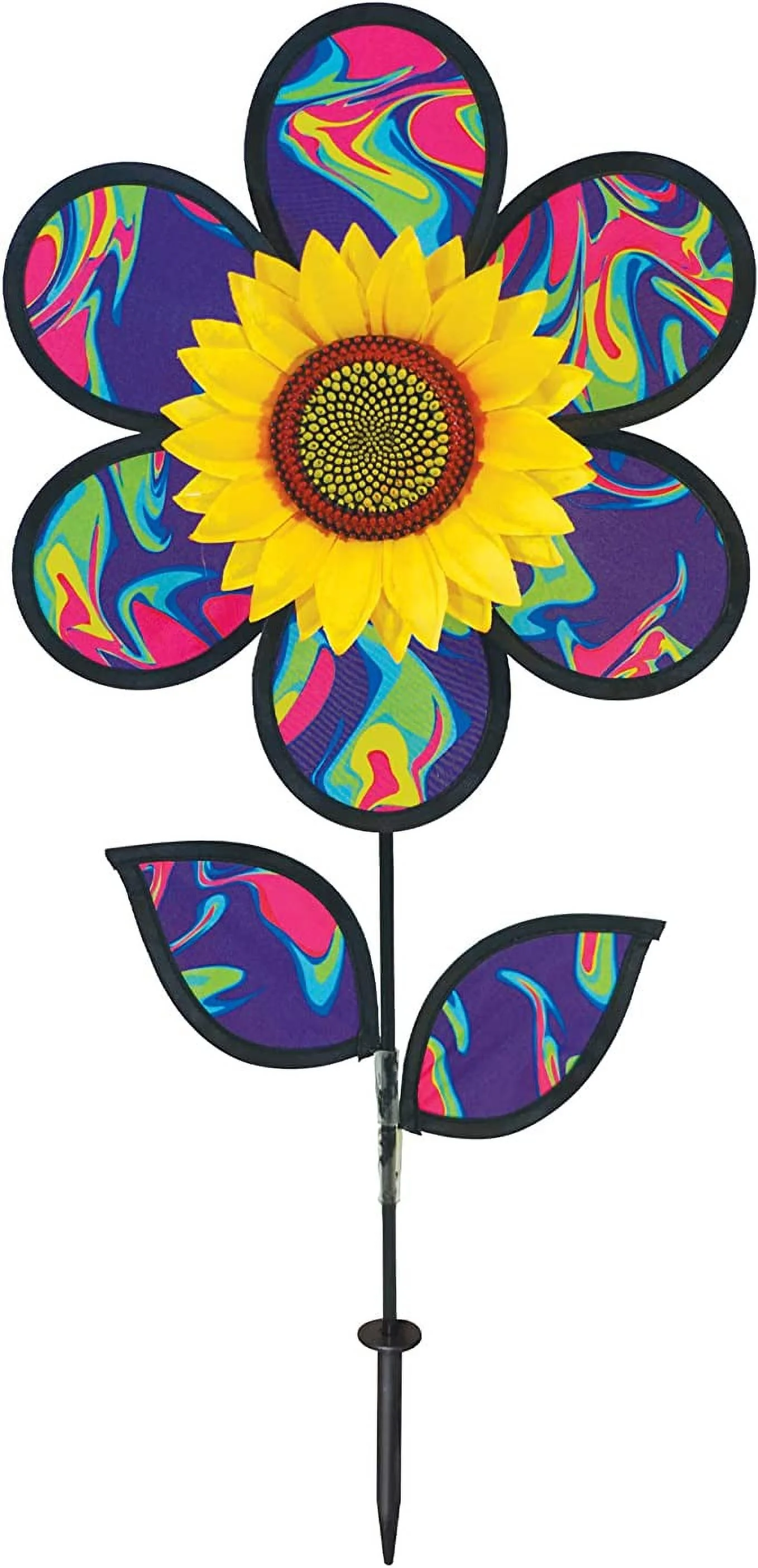 In the Breeze 2645 — 12-Inch Blue Psychedlic Sunflower Spinner with Leaves — Colorful, Vibrant Flower Wind Spinner for Yards and Gardens