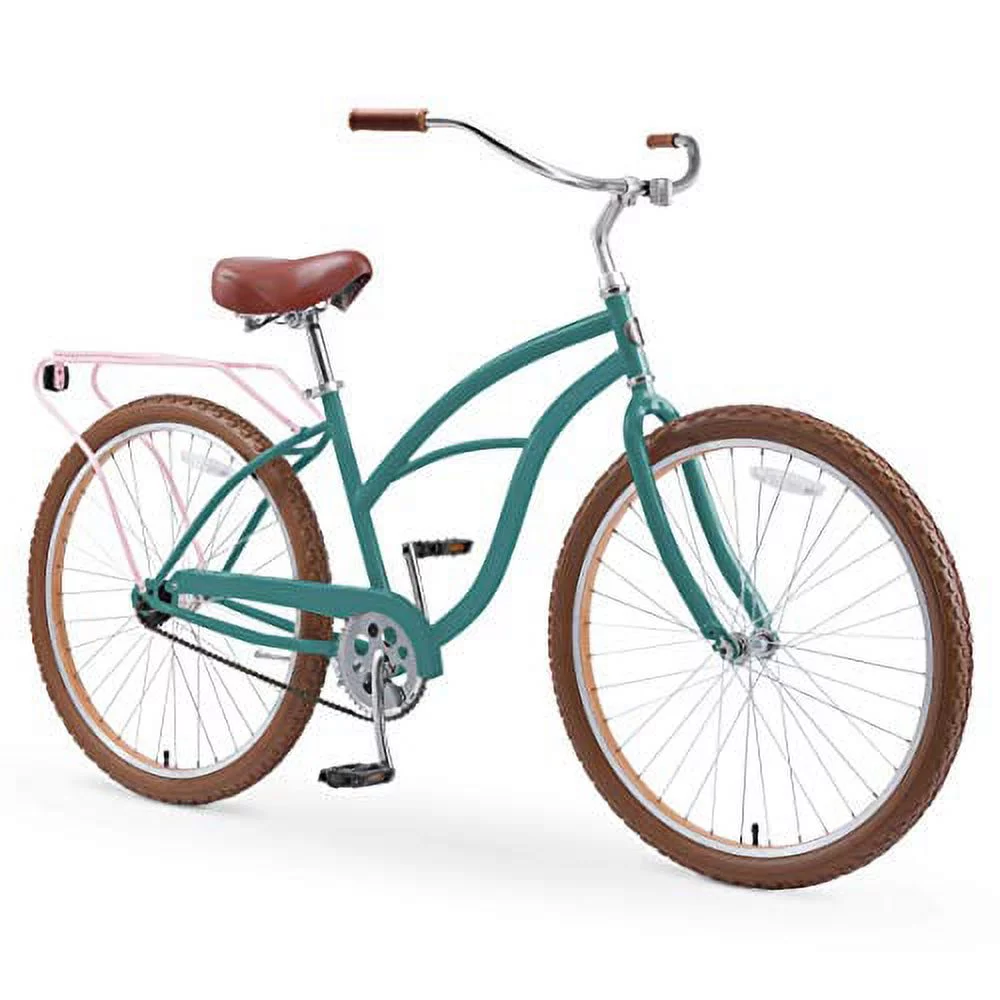 sixthreezero Around the Block Women's 26 In. Single Speed New Beach Cruiser Bicycle with Rear Rack, Pine Melon