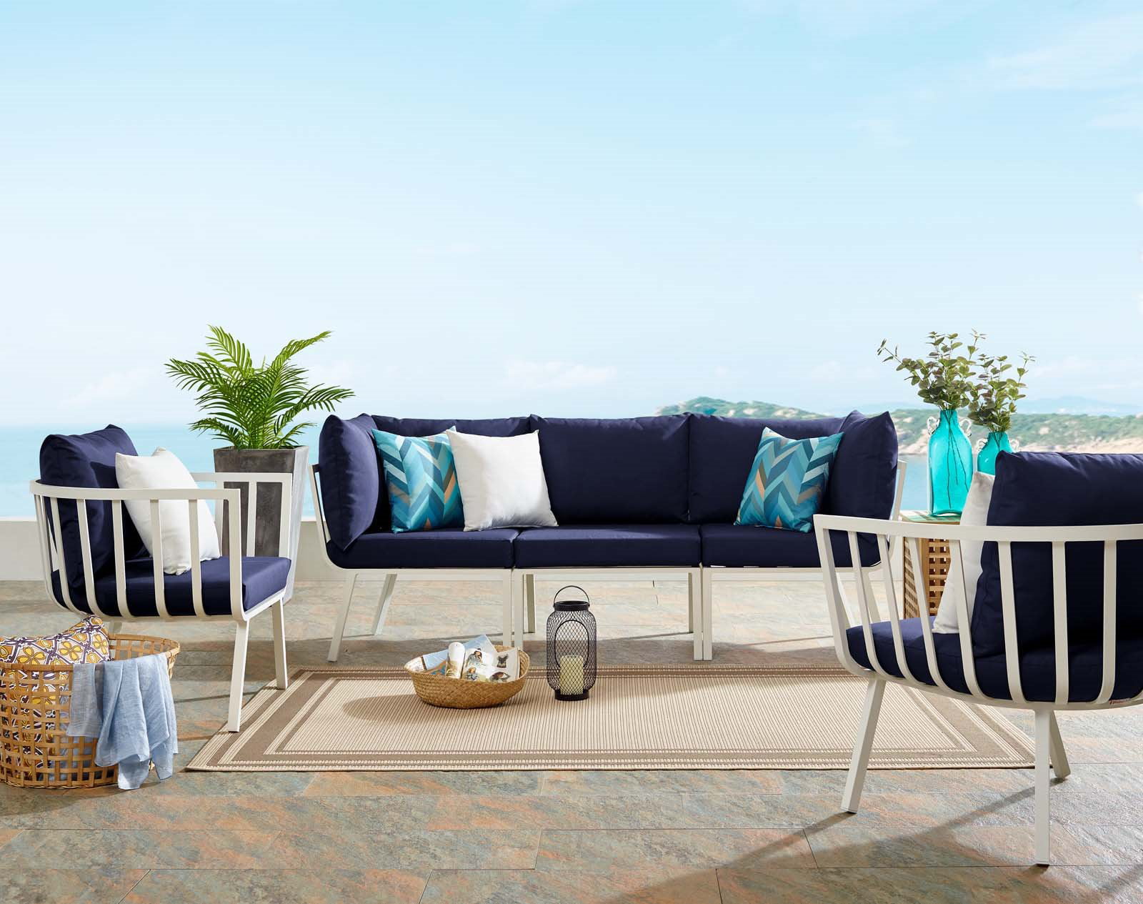 Lounge Sectional Sofa Chair Set, Aluminum, Metal, Steel, White Blue Navy, Modern Contemporary Urban Design, Outdoor Patio Balcony Cafe Bistro Garden Furniture Hotel Hospitality