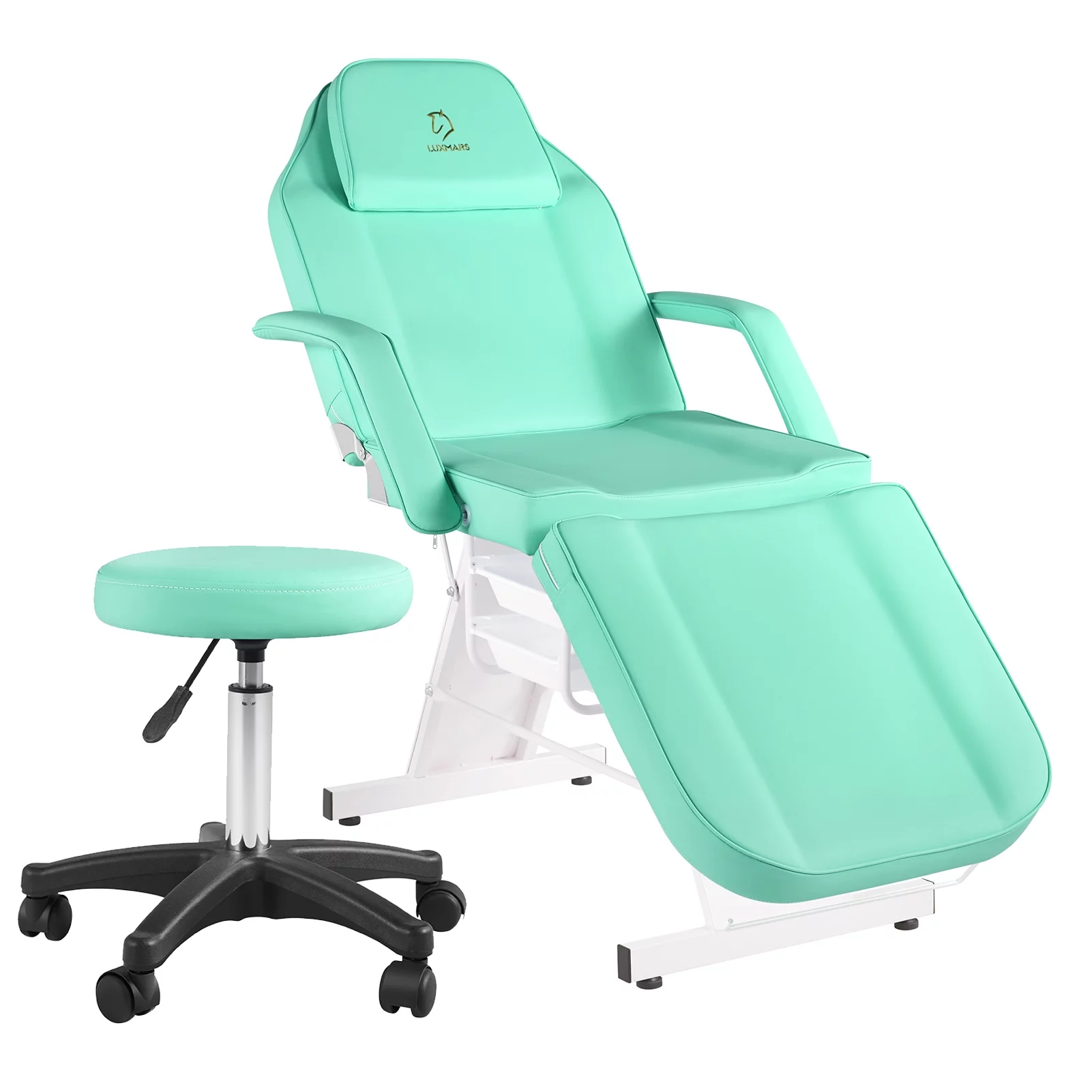 LUXMARS Massage Table Facial Lash Bed with Storage for Eyelash Extensions Salon Tattoo Chair with Stool，Light Green