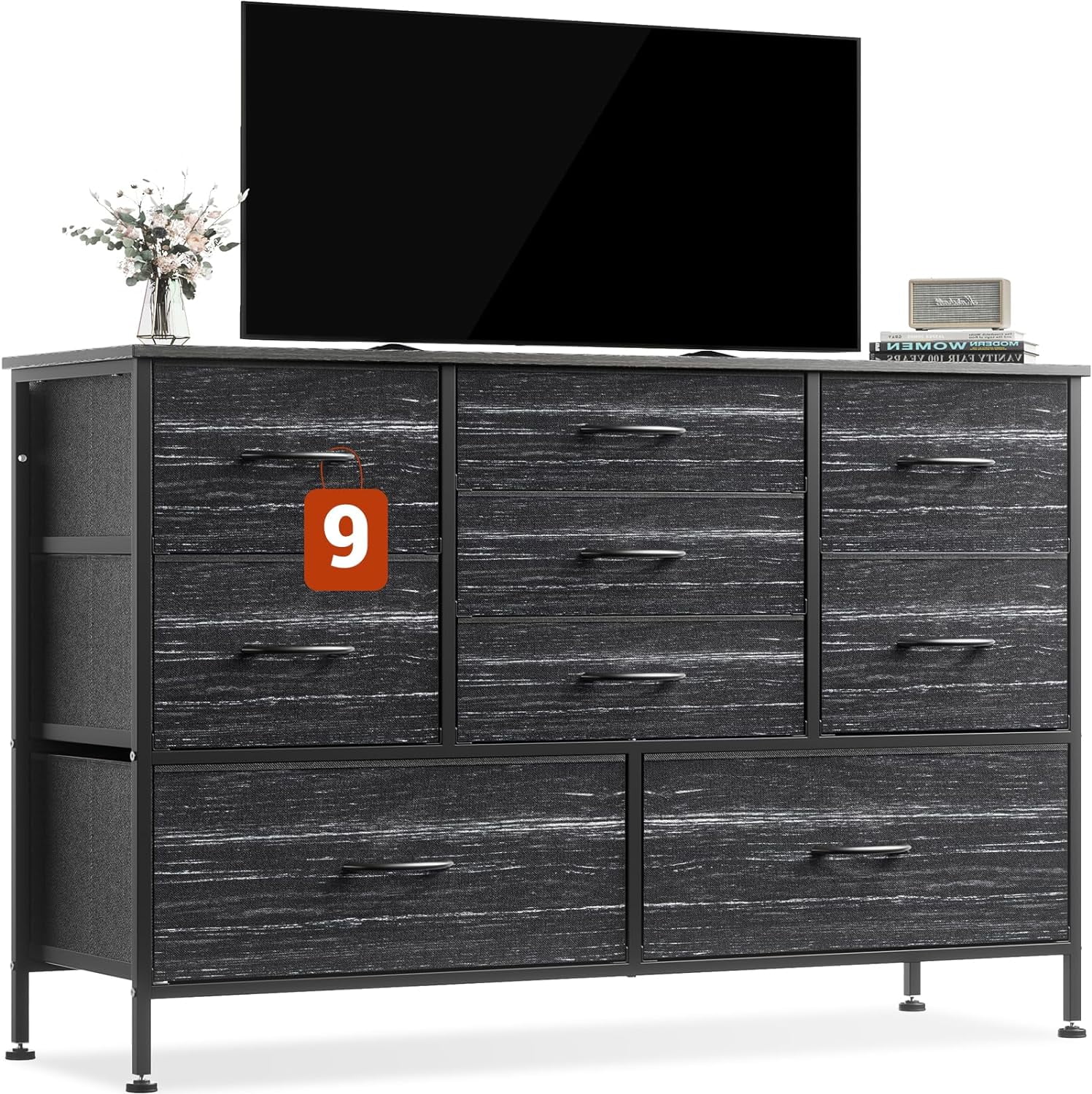 Wide Dresser TV Stand for 55” TV, Entertainment Center with 9 Fabric Drawers, Storage Organizer Unit for Bedroom, Living Room, Closet, Entryway, Hallway (Black Wood Texture)