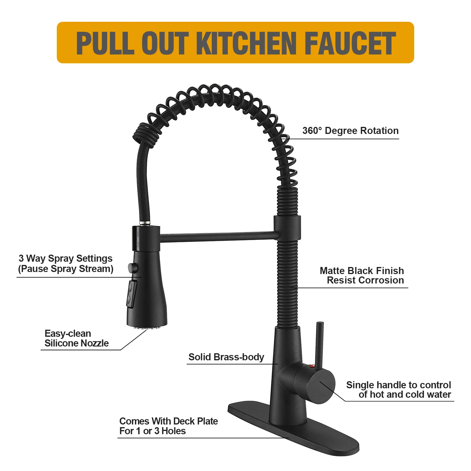 BESy Kitchen Faucet with Pull Down Sprayer, High-Arc Single Handle Single Lever Spring Rv Kitchen Sink Faucet with Pull Out Sprayer, 3 Function Laundry Faucet with Cover Plate, Matte Black