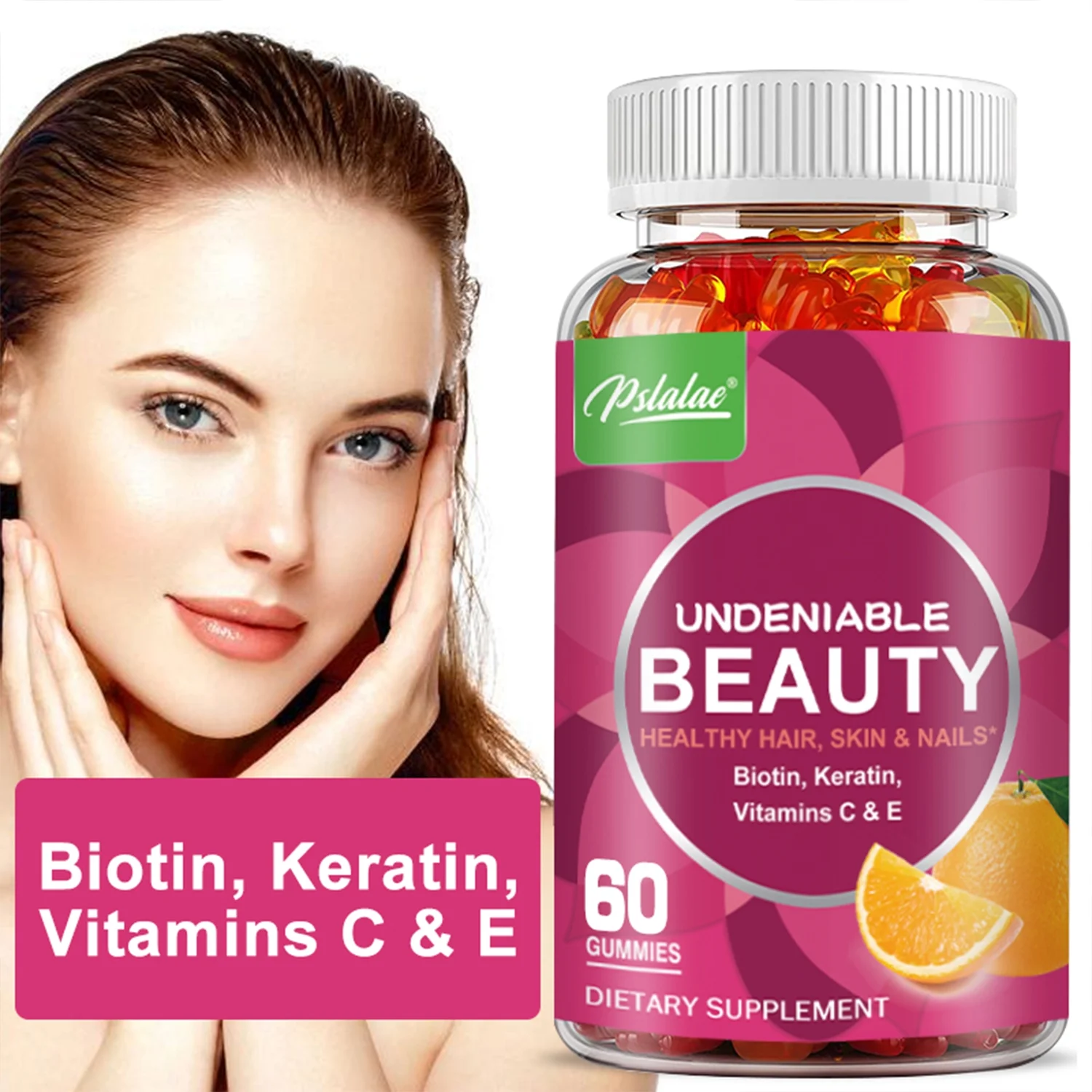 Pslalae Undeniable Beauty Gummies - for Hair, Skin, Nails - with Biotin, Keratin (30/60/100pcs)