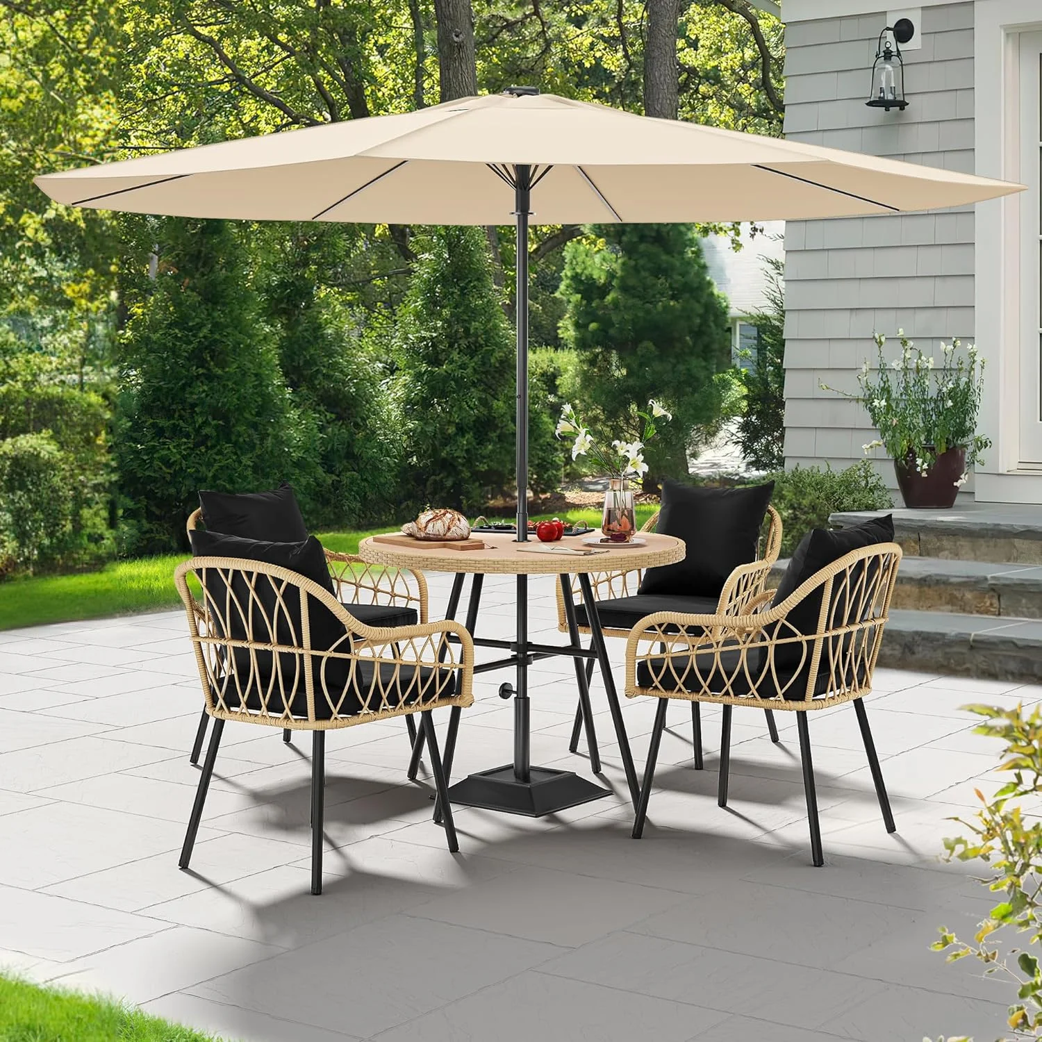 U-ToBe 5-Piece Outdoor Patio Furniture Dining Set, All-Weather Rattan Conversation Set with Soft Cushions and Plastic Wood Tabletop Dining Table for Backyard Deck (Light Brown + Black)