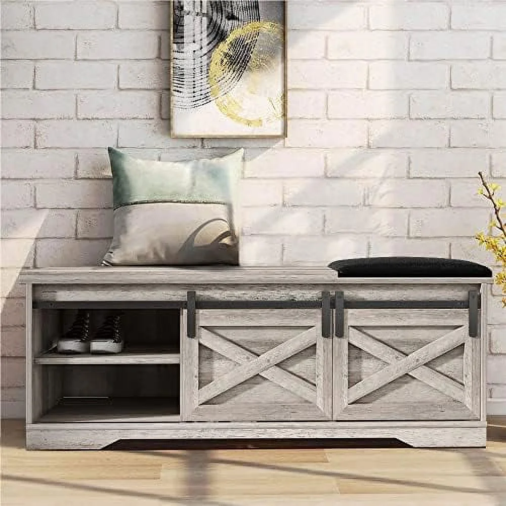 TQNJYGX Shoe Bench Entryway with   Modern Grey Shoe Cabinet with Sliding Barn Door   Indoor Bench with 3 Adjustable Shelves for Entryway  Bedroom  Hallway