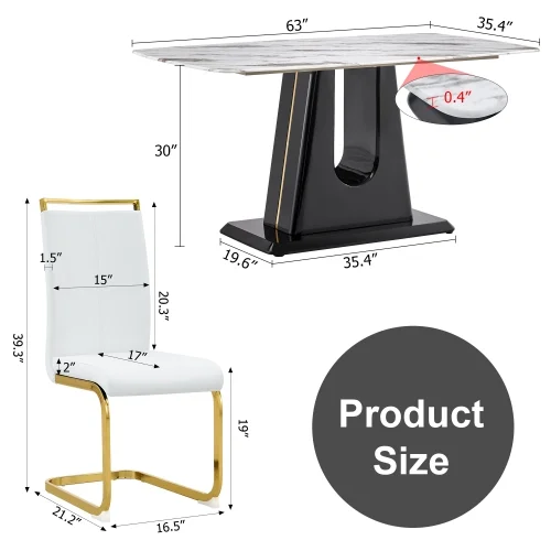 JHOOTUUO modern  minimalist  and luxurious dining table with  white imitation marble tabletop and MDF legs with U-shaped brackets. Tables in restaurants and living rooms 63”*35.4”*30 F-U