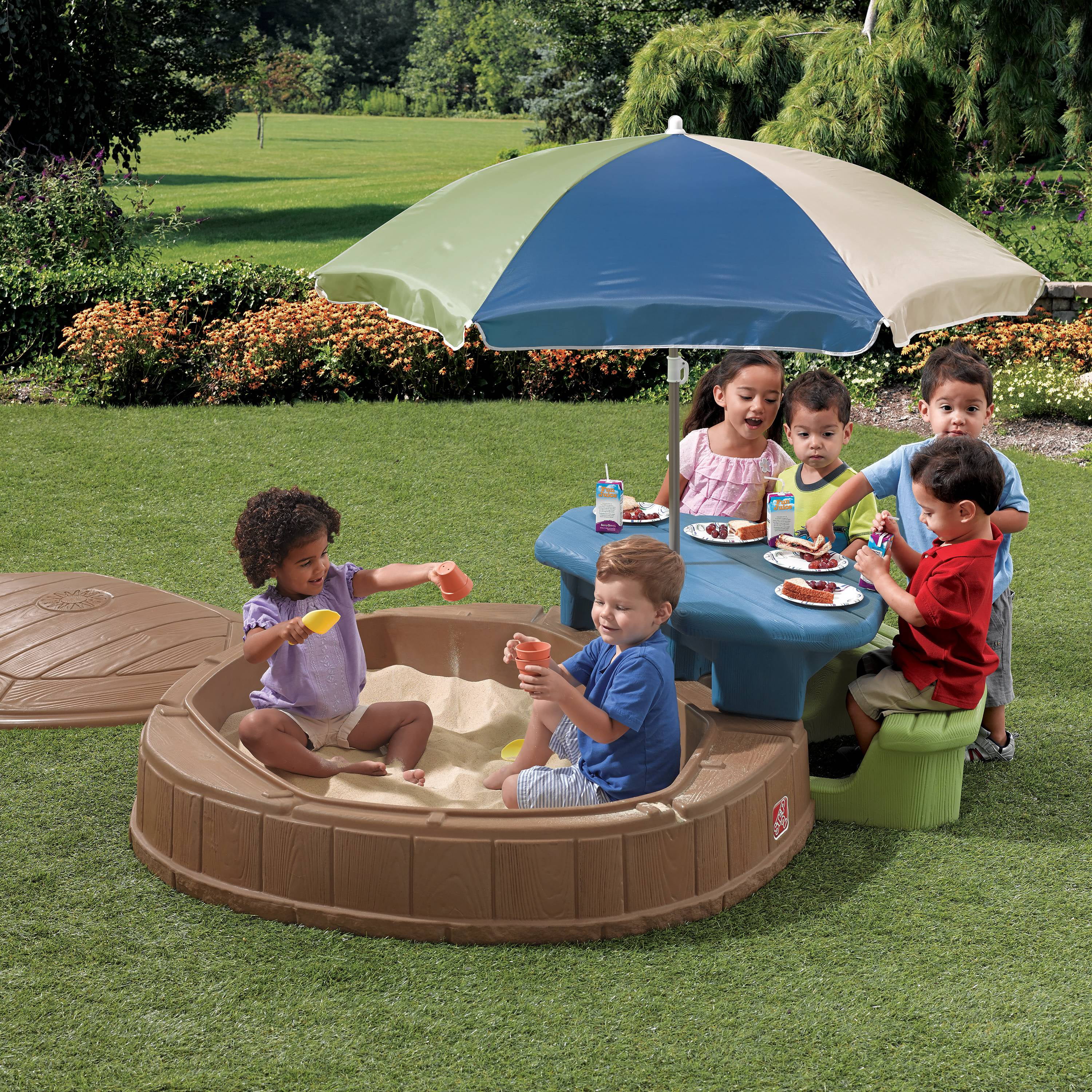 Step2 Summertime Play Center and Brown Plastic Sandbox for Kids with Cover Picnic Table and Umbrella