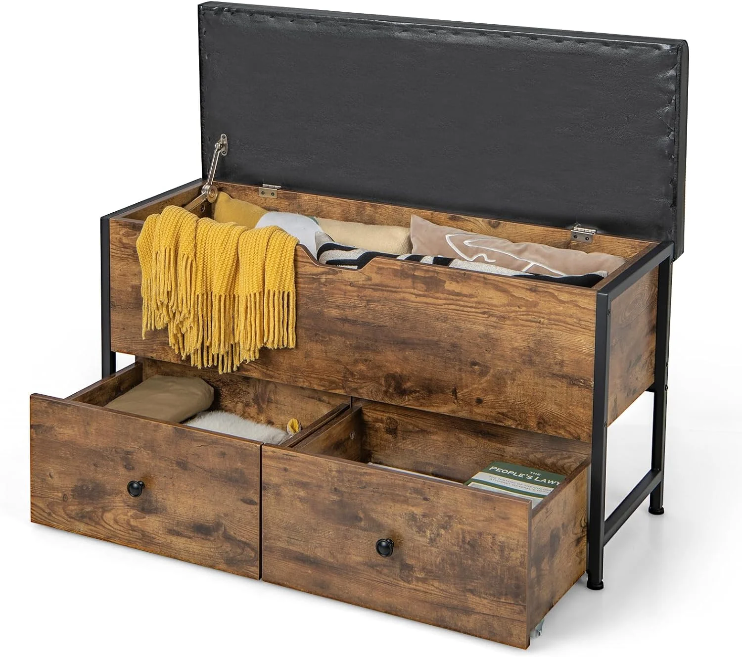 FDXCKJP Ottoman Bench with Drawers  Flip-top Wooden Shoe  Bench with Padded Seat  2 Drawers on Wheels  Industrial Footrest Footstool for Entryway  Bedroom  Living Room