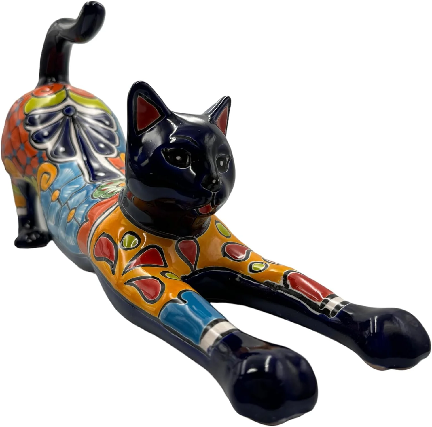 Talavera Cat Stretching Cute Mexican Pottery Handmade Hand Painted Home Decor Folk Art Outdoor Indoor Multicolor Length 17.75