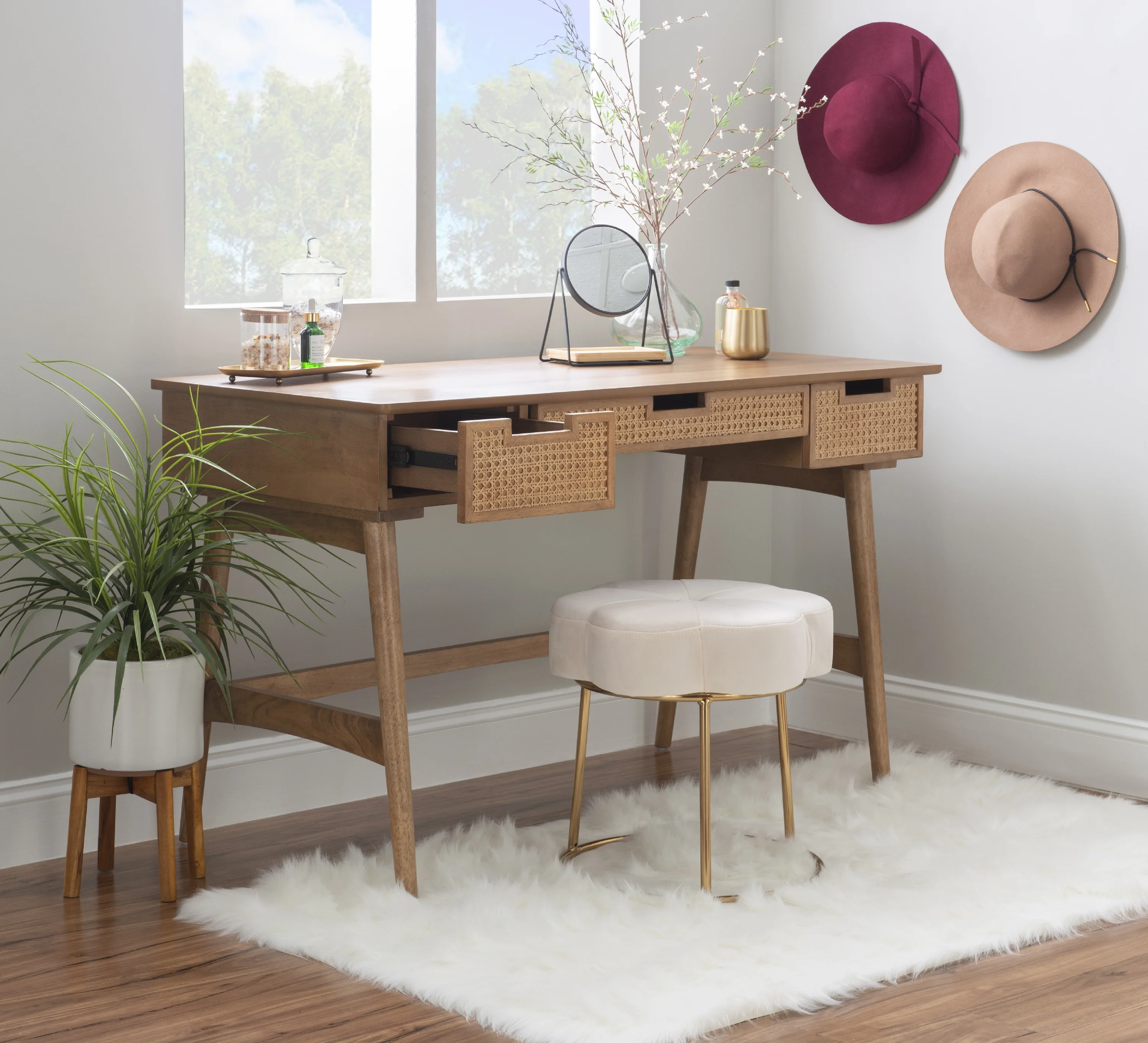 Linon Renda 3-Drawer Rattan Writing Desk, 51