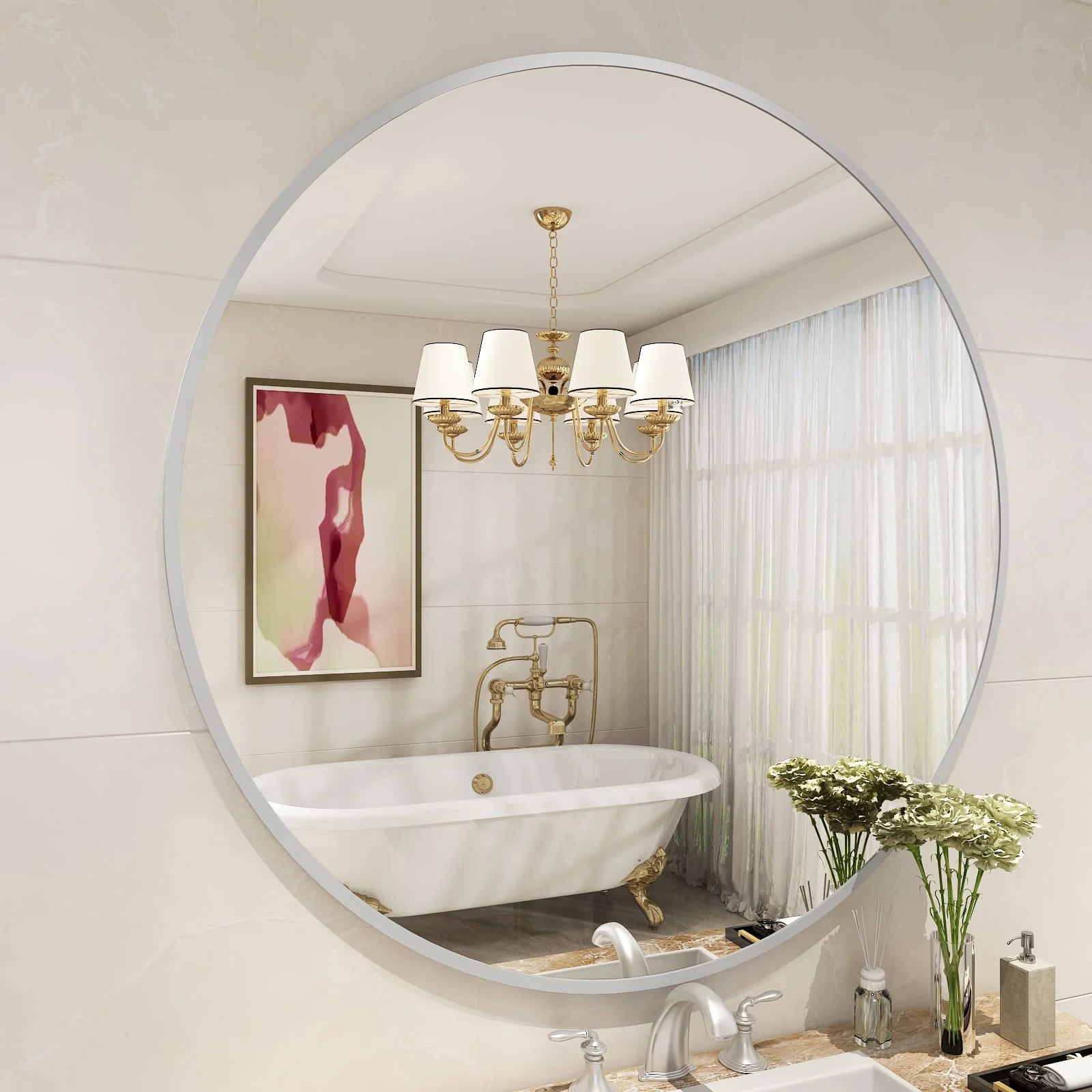 Apmir Round Aluminum Alloy Framed French Cleat Mounted Wall Decor Bathroom Vanity Mirror in Matte silvery 36 inch