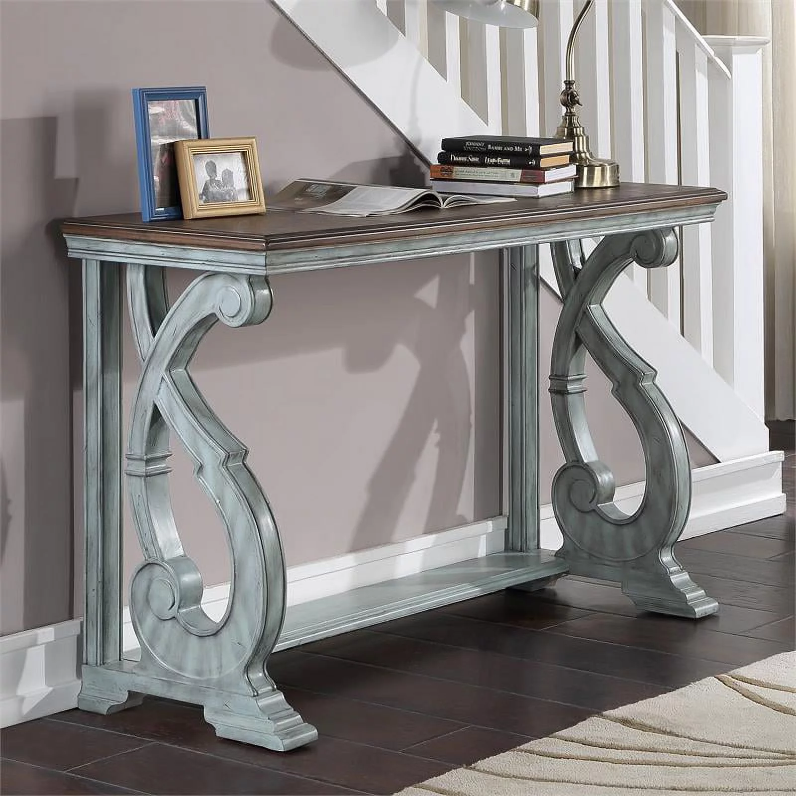 Furniture of America Adelman Solid Wood Console Table in Oak and Antique Blue