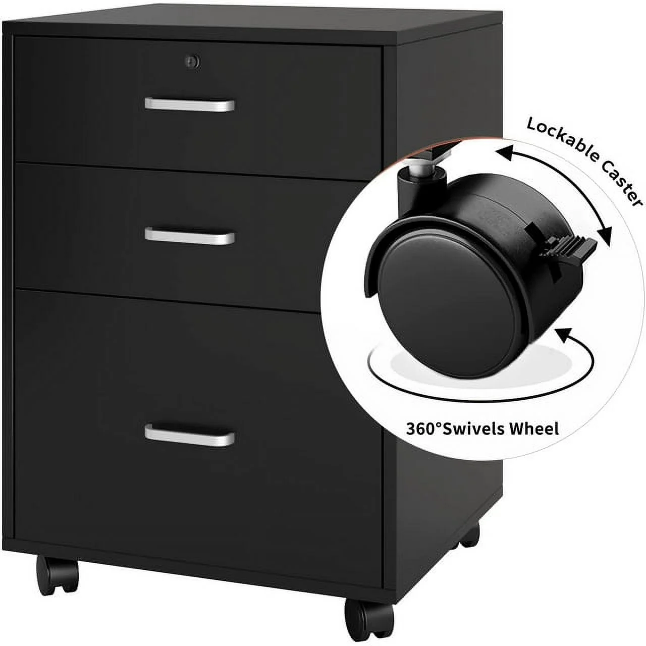 Soges 3 Drawer Mobile File Cabinet, Rolling Filing Cabinet, Modern Office Cabinet with Lock and Wheels, Black