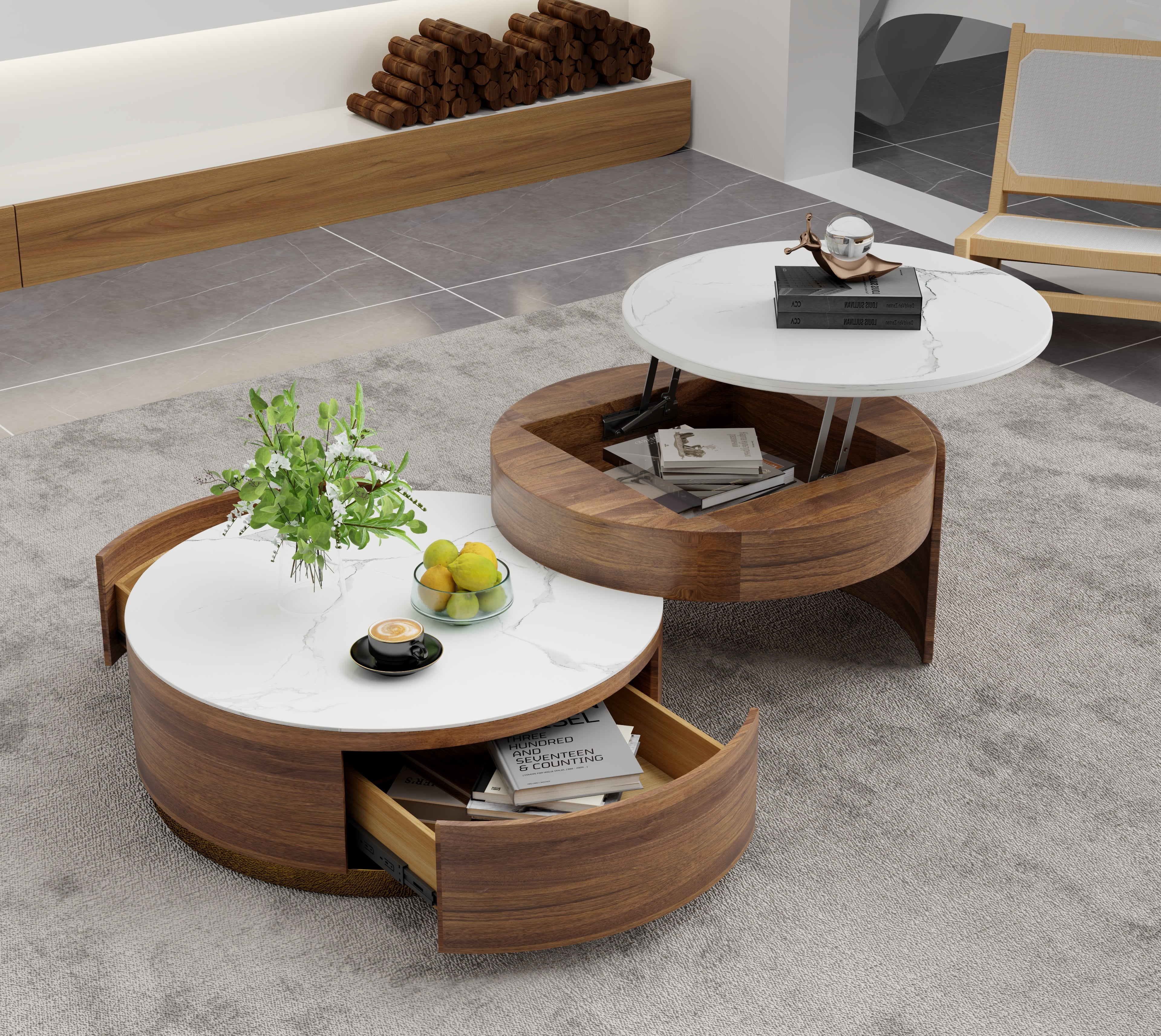 MONTARY Ziv Lift-top Modern Nesting Coffee Table Set Of 2, White Sintered Stone Coffee Table Set, Fully-assembled, 31.5“, Brown