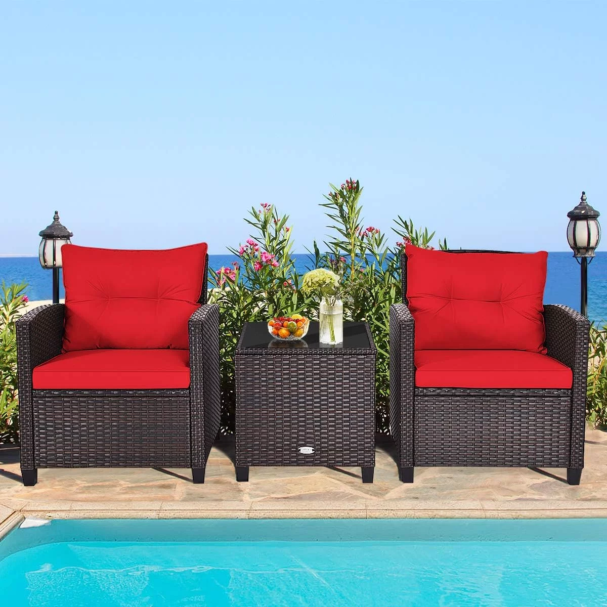 3 Piece Patio Furniture Set, Wicker Bistro Conversation Set W/ 2 Cushioned Armchairs & Glass Topped Table, Outdoor Rattan Sofa Set Patio Furniture For Porch Balcony Poolside (Red)