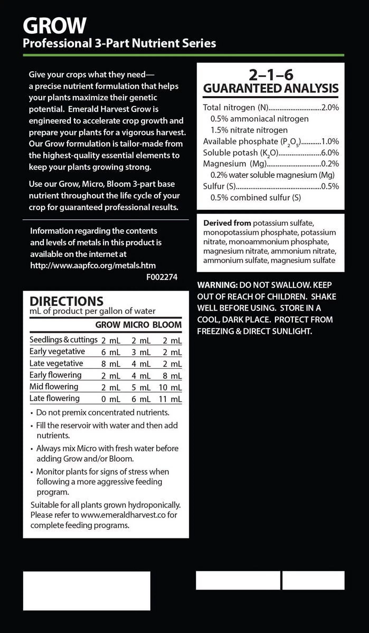 Emerald Harvest 723876 Grow 6 Gallon/22.7 Liter (1/Cs) fertilizers, 22.7 L, Natural