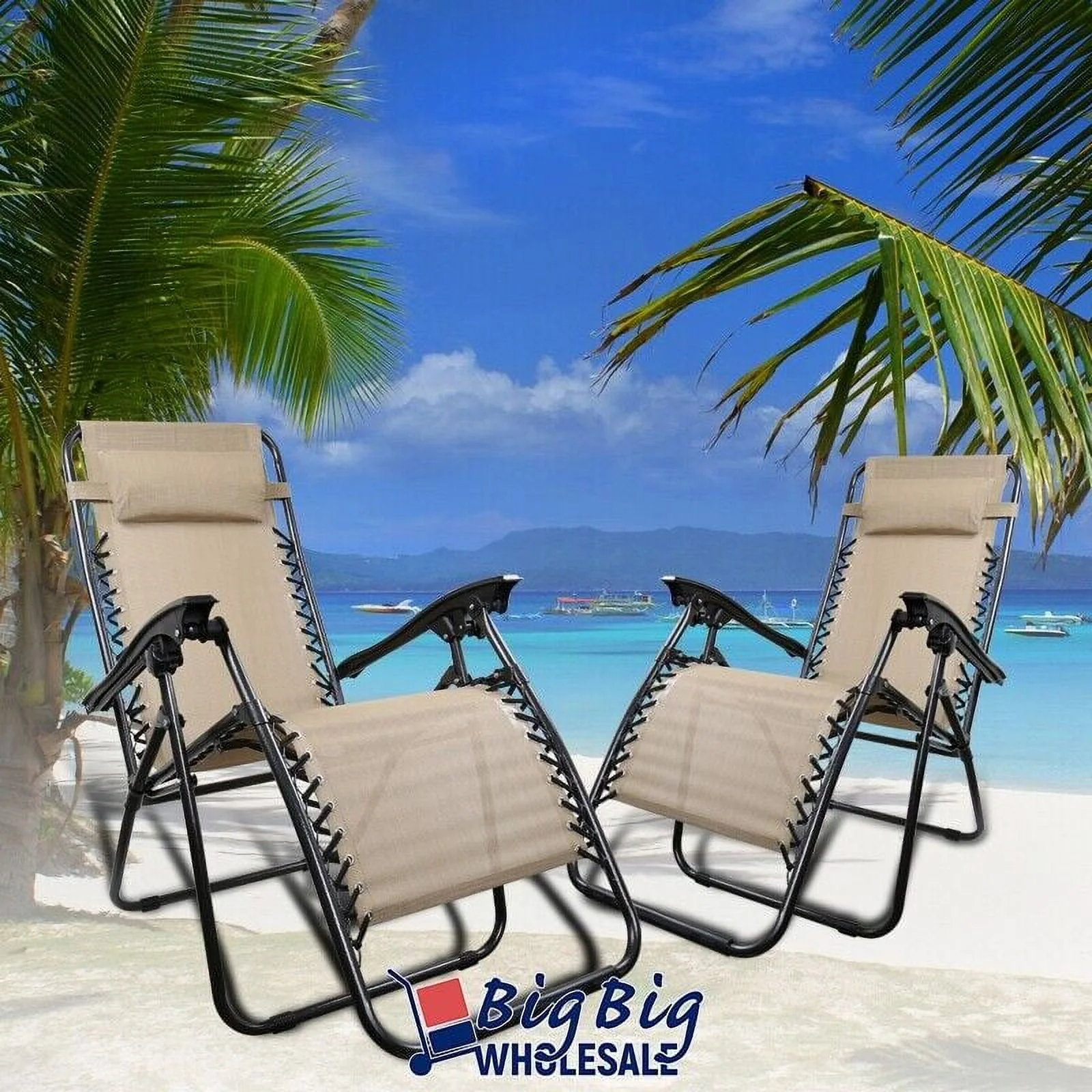 2 Zero Gravity Chairs Folding Patio Lounge Beach Outdoor Recliner Tan Texteline