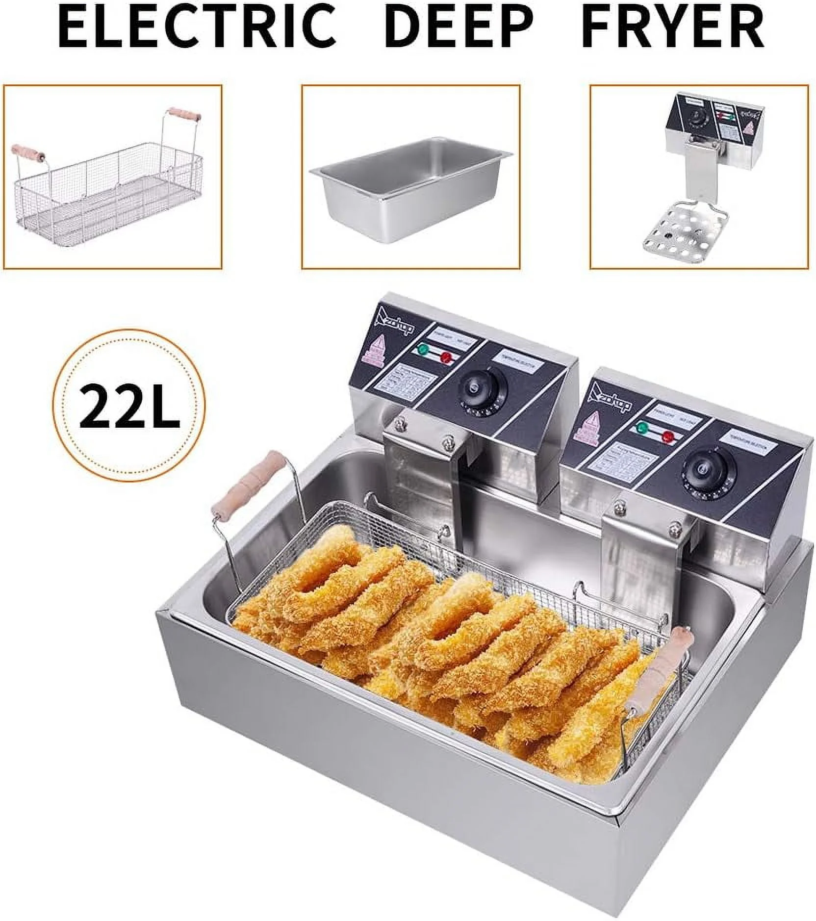 110V Oil Consumption 12.7Qt/12L Oil Pan Total Capacity 23.26Qt/22L Stainless Steel Large Single-Cylinder Electric Fryer 5000W Max
