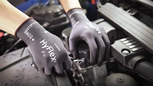 Ansell HyFlex 11-840 Ergonomic Abrasion-Resistant Nylon Spandex Nitrile Coated Industrial Gloves for Automotive, Fabrication - Small (7) Grey (3 Pairs)
