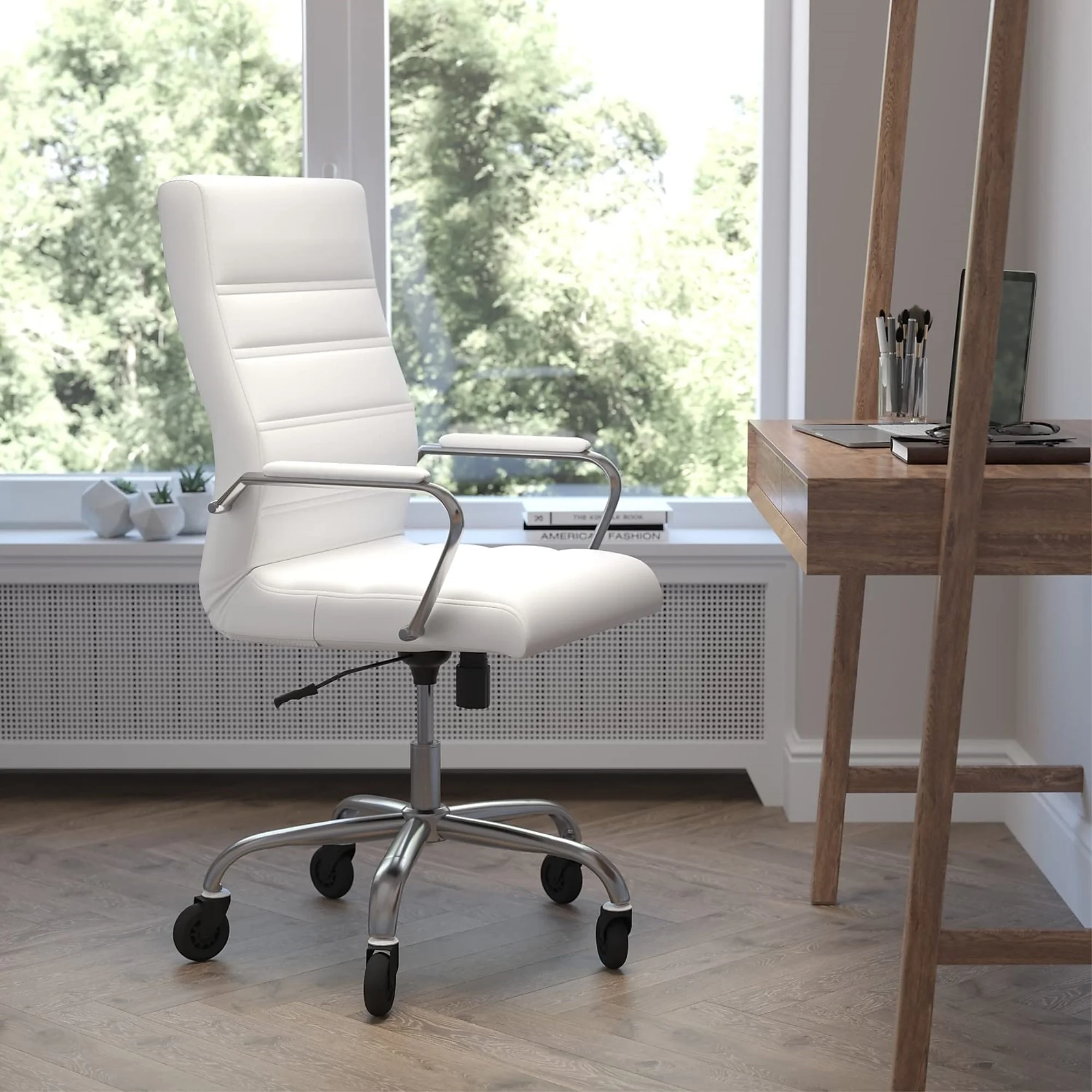 Whitney High Back White LeatherSoft Executive Swivel Office Chair with Chrome Frame, Arms, and Transparent Roller Wheels
