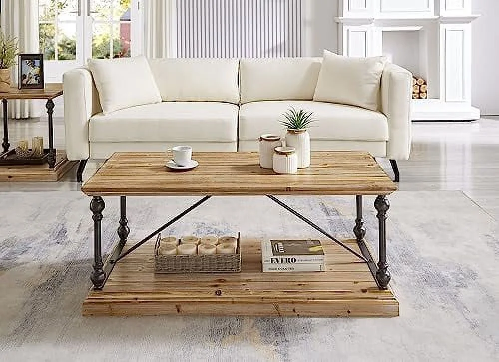 HBBOOMLIFE Farmhouse Rustic Coffee Table  2-Tier Modern Rectangle Coffee Table with Metal Legs  Center Cocktail Table for Living Room  44.09\u201DL*22.05\u201DW*19.69\u201DH