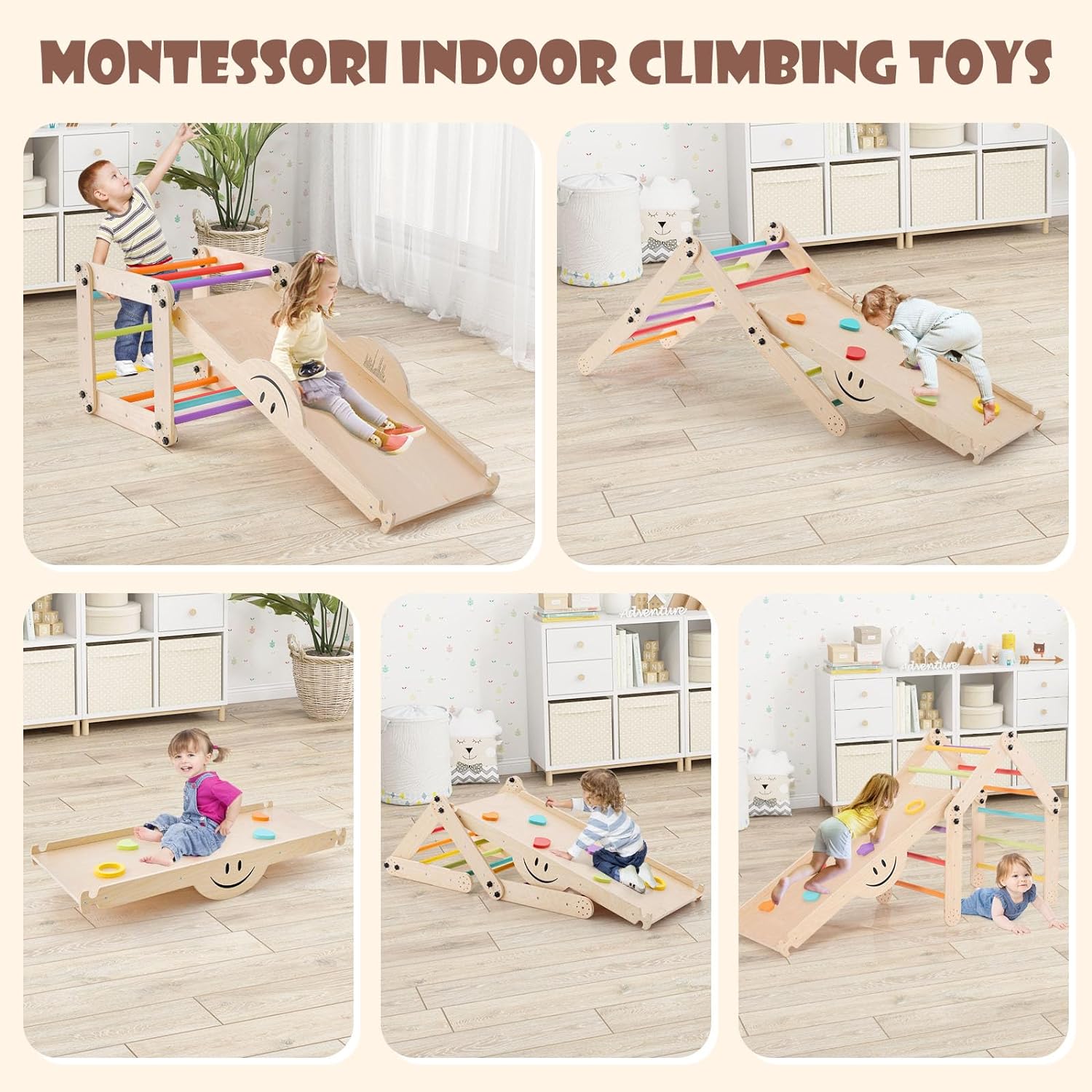 Climbing Toys for Toddlers, 10 in 1 Wooden Pikler Triangle Set, Double Side Ramp & Climber, Seesaw, 2-Piece Learning Indoor Montessori Climbing Ladder Gym for Kids
