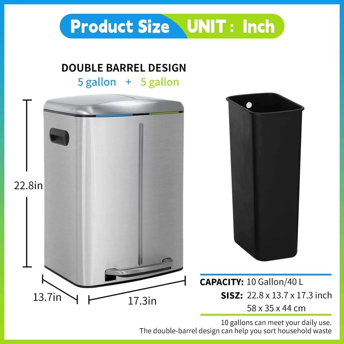 Dkelincs Kitchen Trash Can with Lid 10 Gallon/ 40L Step Trash Can with Foot Pedal Anti-Fingerprint Garbage Bin with Liner, Silver