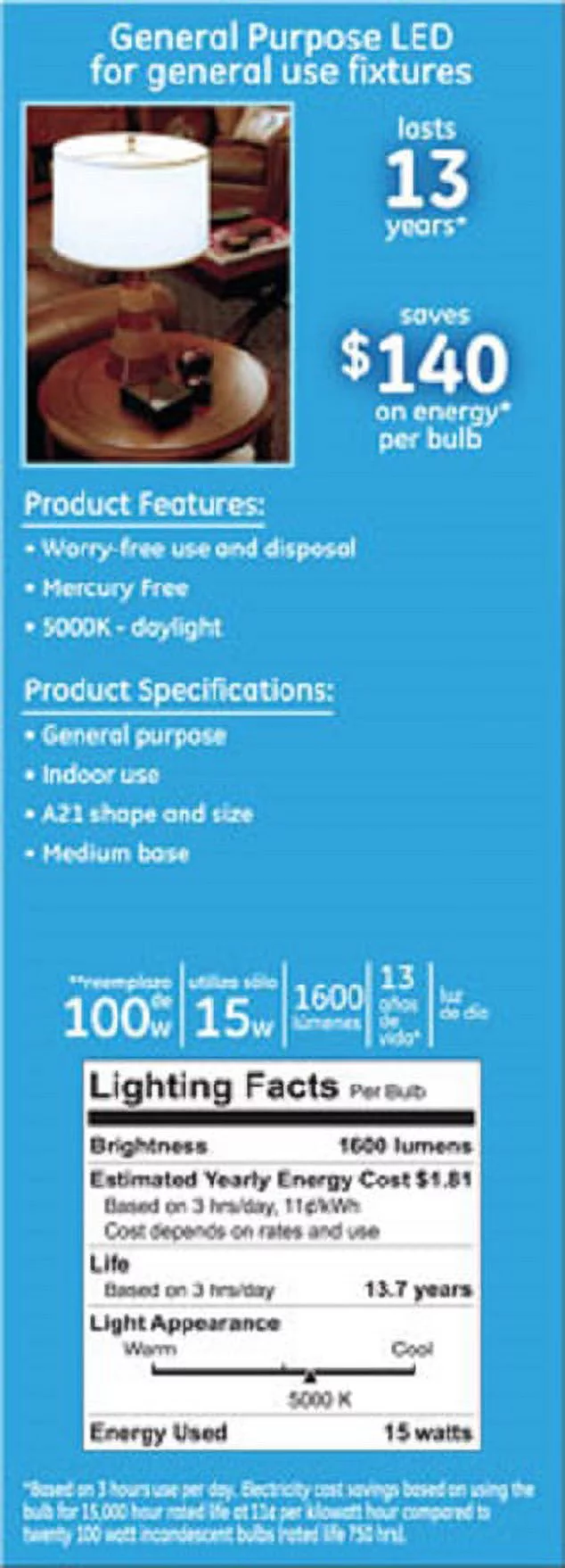 GE LED 17W Daylight General Purpose, A21 Medium Base, Dimmable, 4pk Light Bulbs