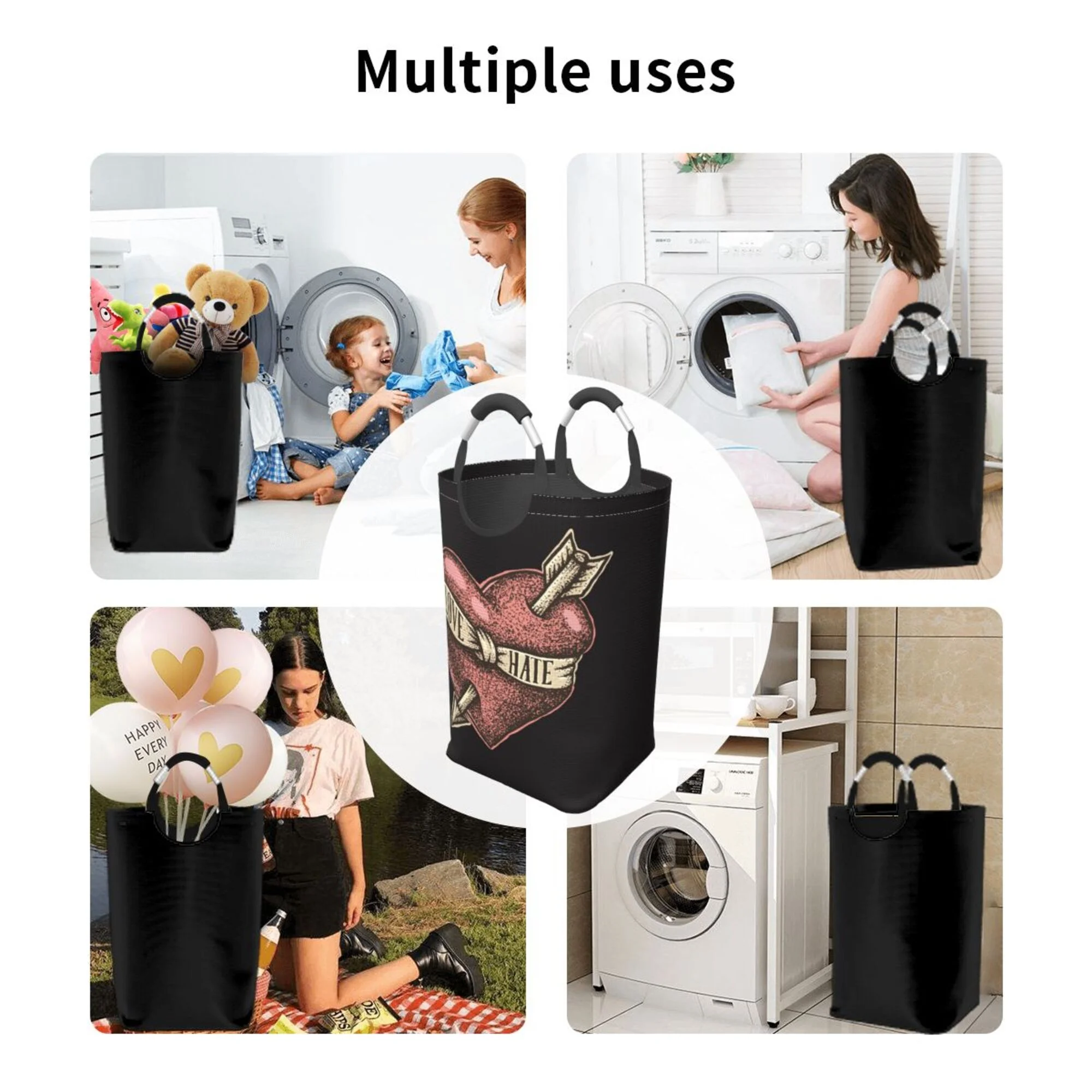 TEQUAN 50L Large Rectangular Laundry Hamper with Aluminum Handles, Love Heart with Arrow Prints Waterproof Foldable Dirty Clothes Basket