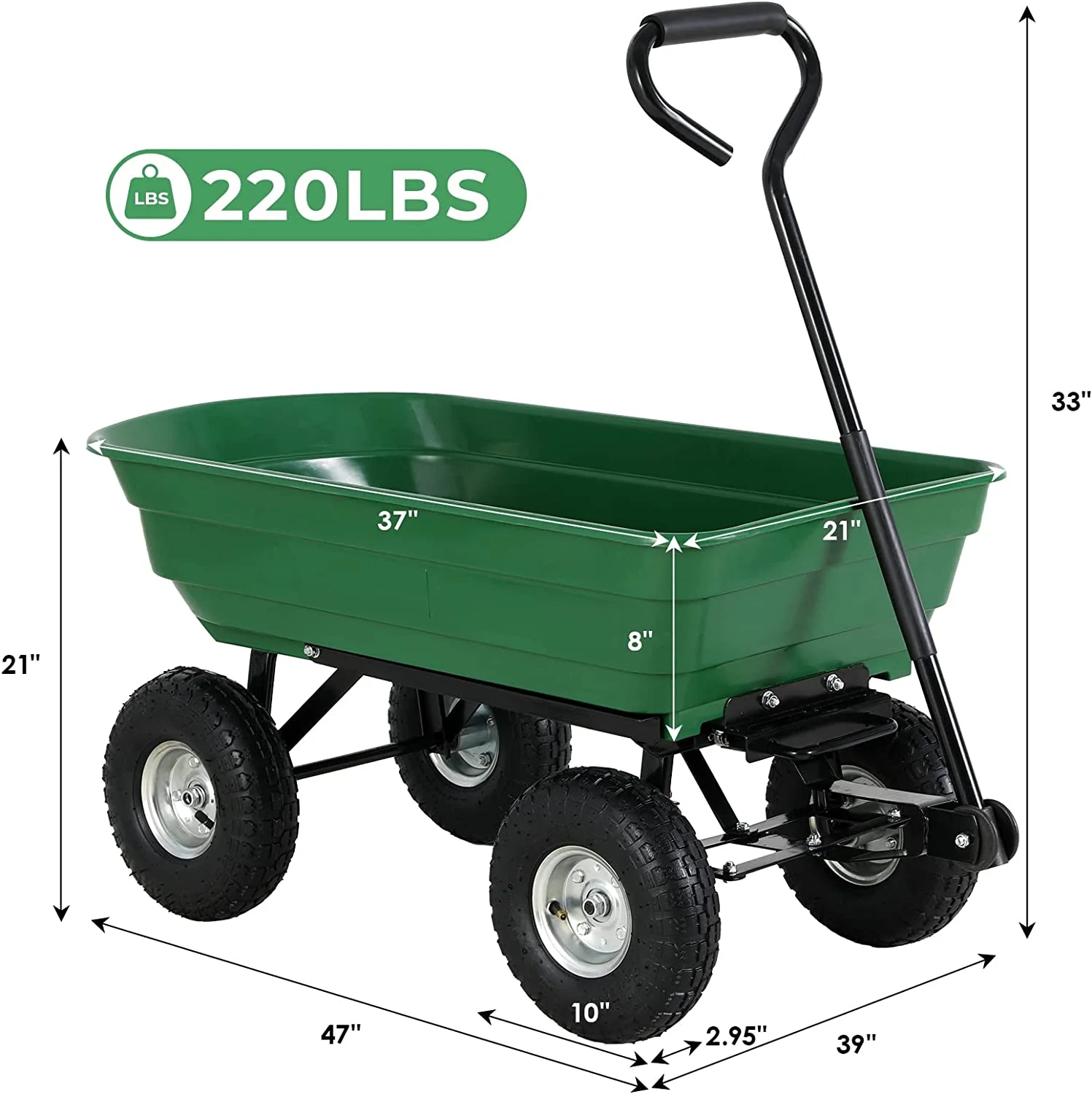 Garden Cart With Pneumatic Tires, Heavy-Duty Outdoor Dump Wagon, Durable Steel Frame & 10'' Flat Wheels Pulling Trolley Barrow For Lawns, Yards, Farms, 220 LBS Max Capacity (Green)
