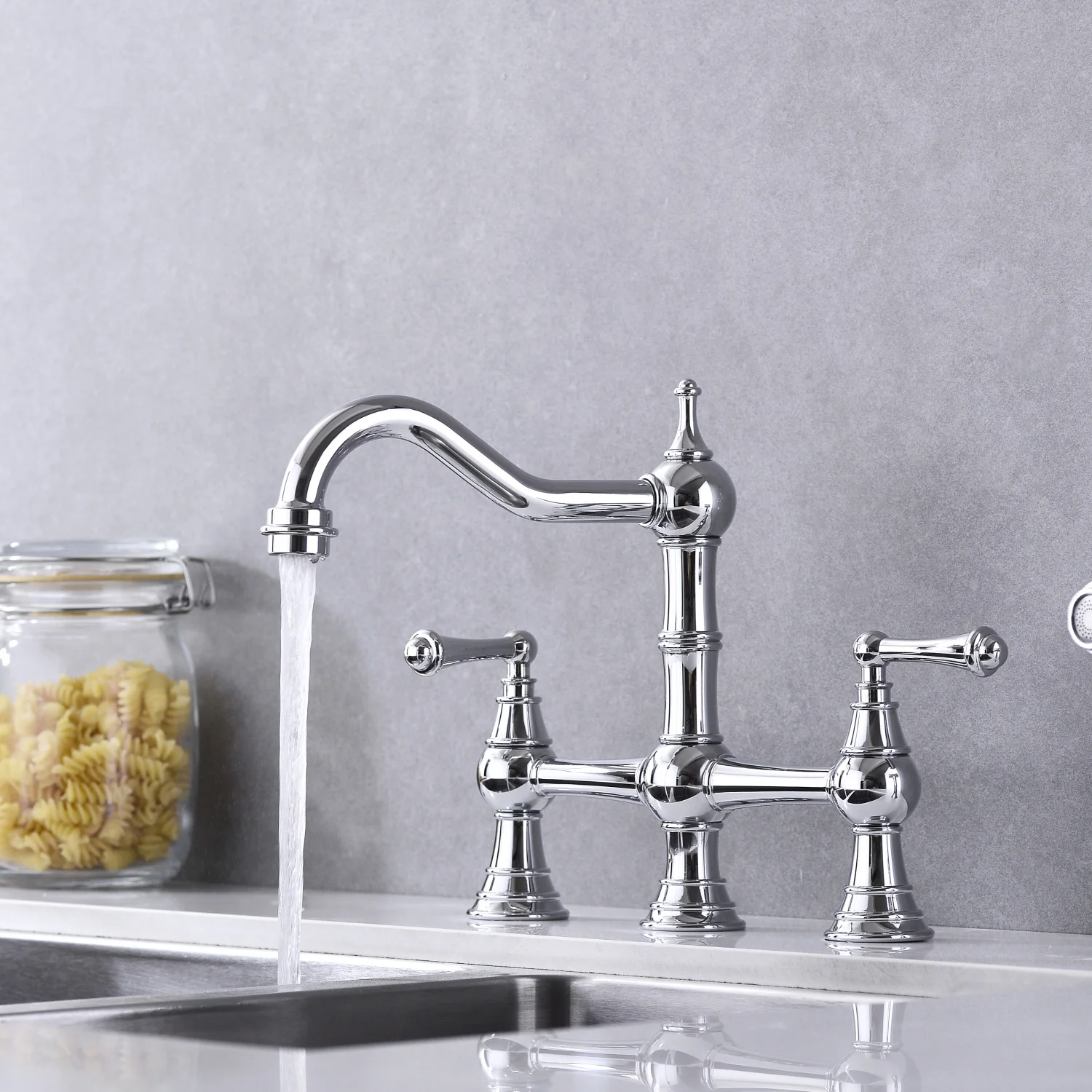 DremFaryoyo Bridge Dual Handles Kitchen Faucet With Pull-Out Side Spray in