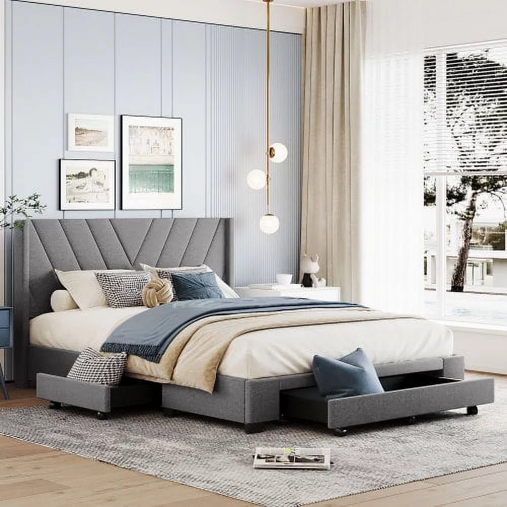 JHOOTUUO Queen Size  Bed Linen Upholstered Platform Bed with 3 Drawers (Gray)