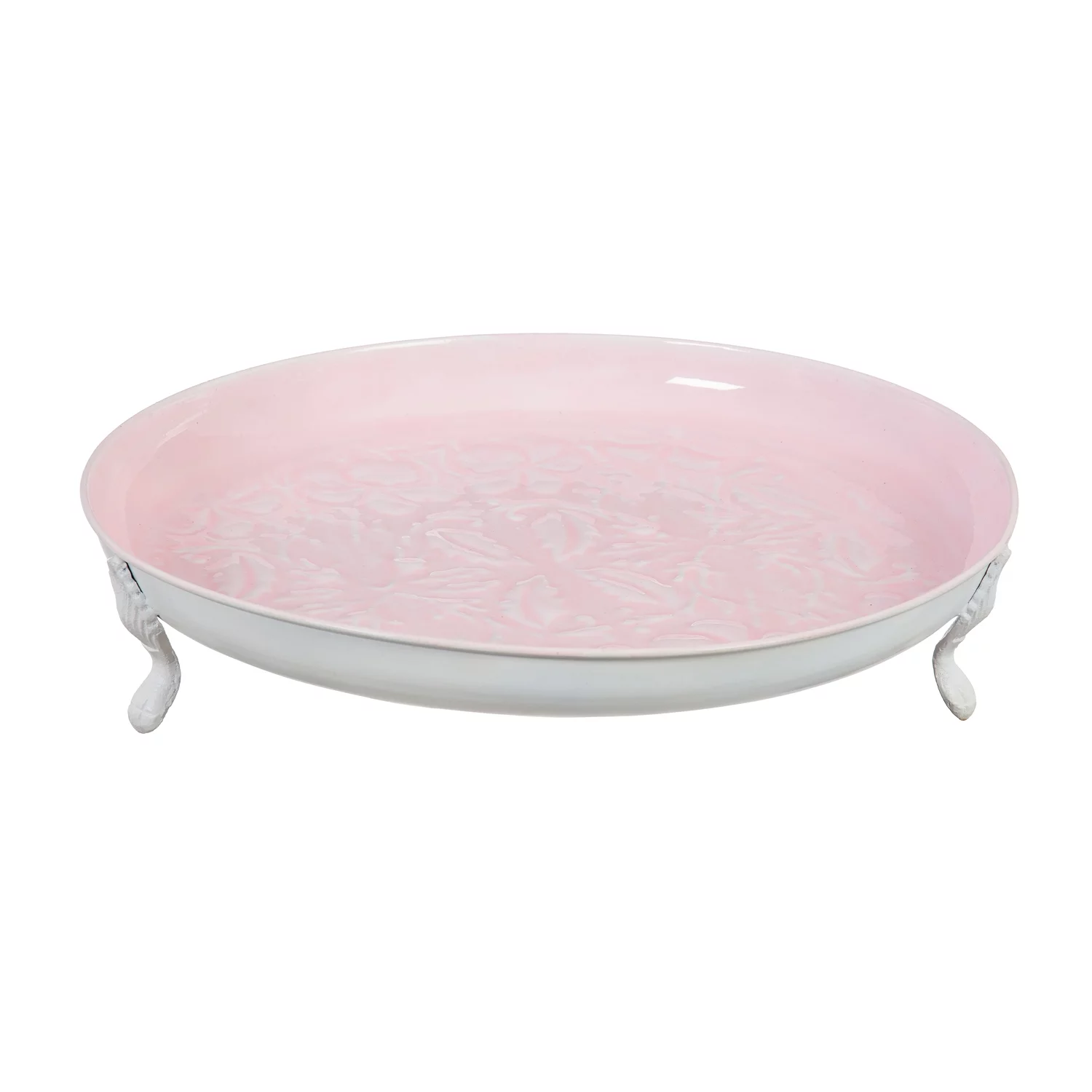 Evergreen Embossed Enamel Metal Table Top Bird Bath, Pink, 16'' x 16'' x 3.3'' inches