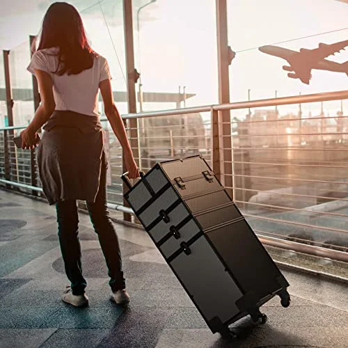 5 in 1 Rolling Makeup Train Case Professional Large Storage Cosmetic Trolley Makeup Organizer Makeup Travel Case with Key Swivel Wheels Salon Barber Case Traveling Cart Trunk, 32.7