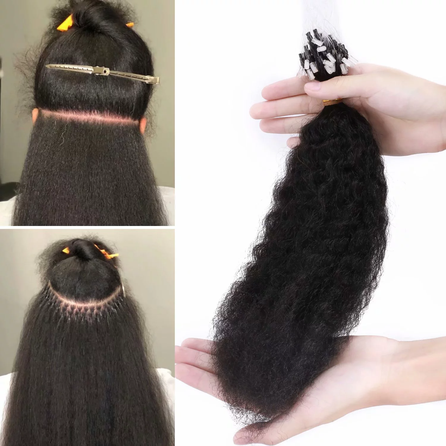 Benehair Human Hair Extensions Afro Kinny Straight Micro Loop Microlinks Remy Hair Full Head 1g Thick Black 200g