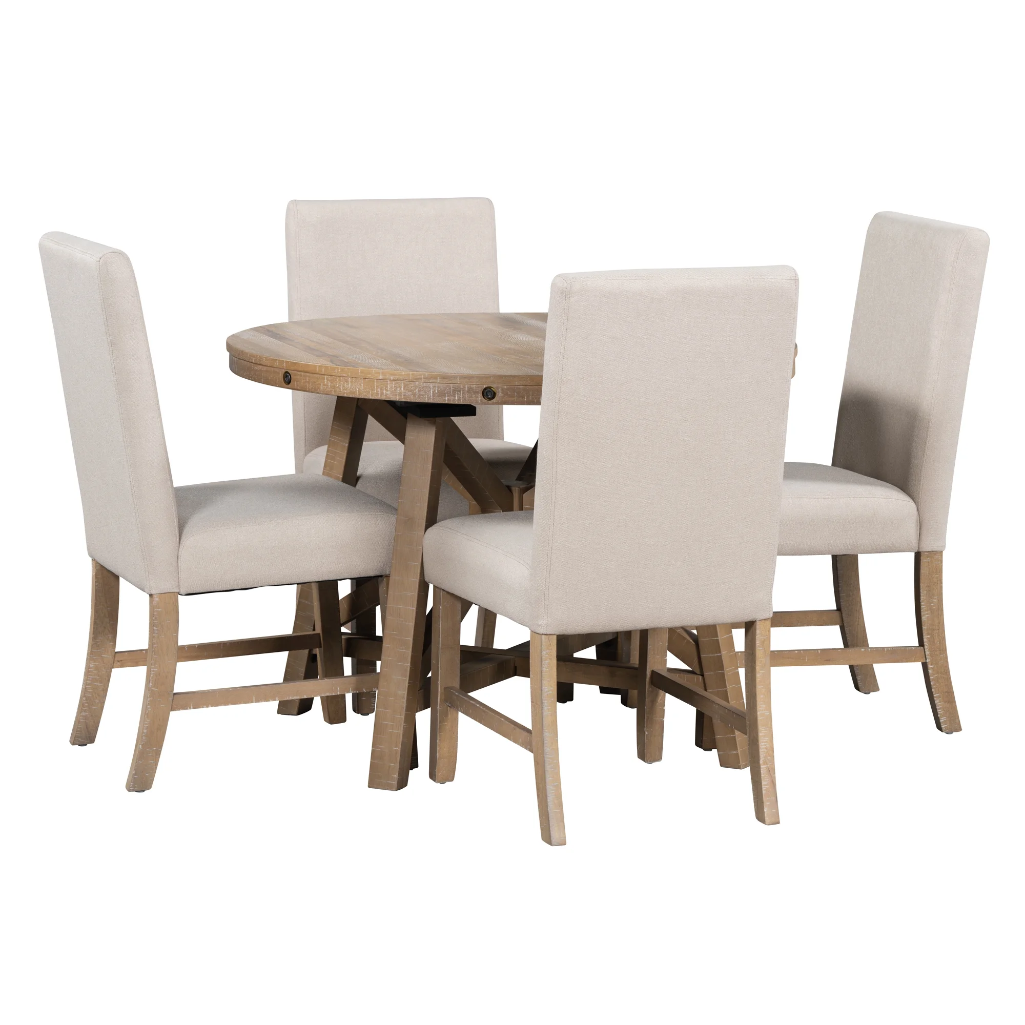 TREXM 5-Piece Retro Dining Set with Extendable Round Table, Removable Middle Leaf, and 4 Upholstered Chairs - Natural Wood Wash