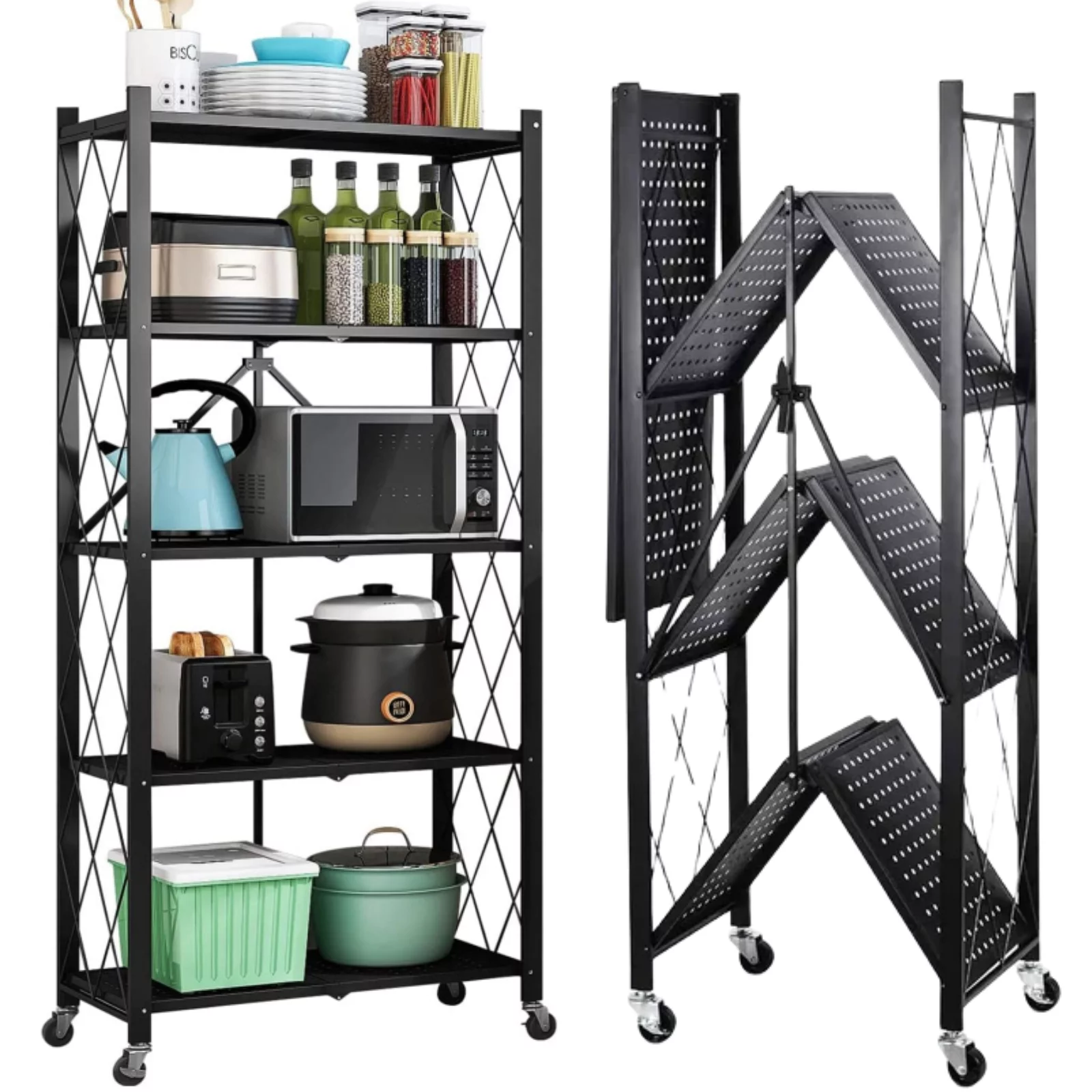 5 Tier Storage Shelf Wire Shelving Unit Storage Rack Metal for Kitchen Organization, with wheels, Black (5 Tier)
