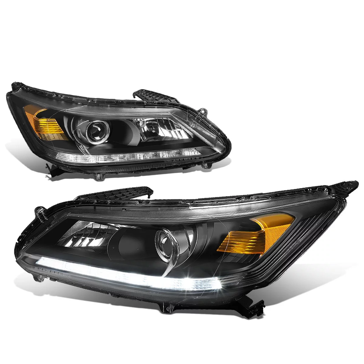DNA Motoring HL-LB-HA13-BK-AM For 2013 to 2015 Honda Accord LED DRL Light Bar Projector Headlight Black Housing Amber Corner Headlamp