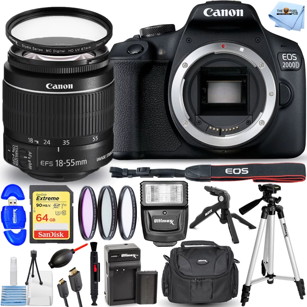 Canon EOS 2000D/Rebel T7 with 18-55mm IS II Lens - Pro Bundle Includes: Extra LP-E10 Battery and Charger, Sandisk Extreme 64GB SD, Flash, Tripod, Gadget Bag and More